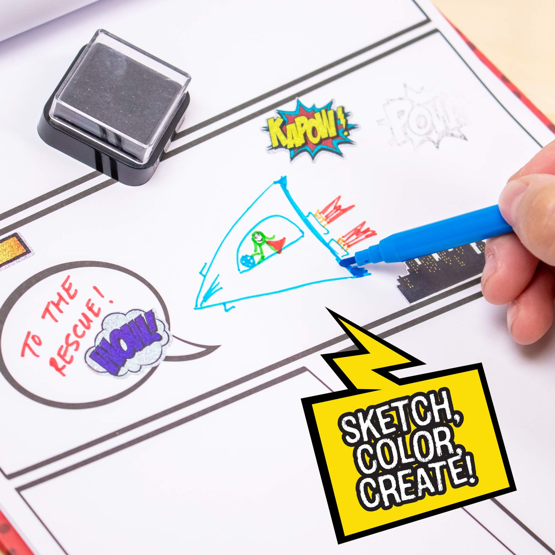 Made By Me Make Your Own Comic Book Storytelling Kit for Kids, 15-Page, Hardcover, How-to Draw Instructional Guide, Comic Inspired Stickers & Stamp