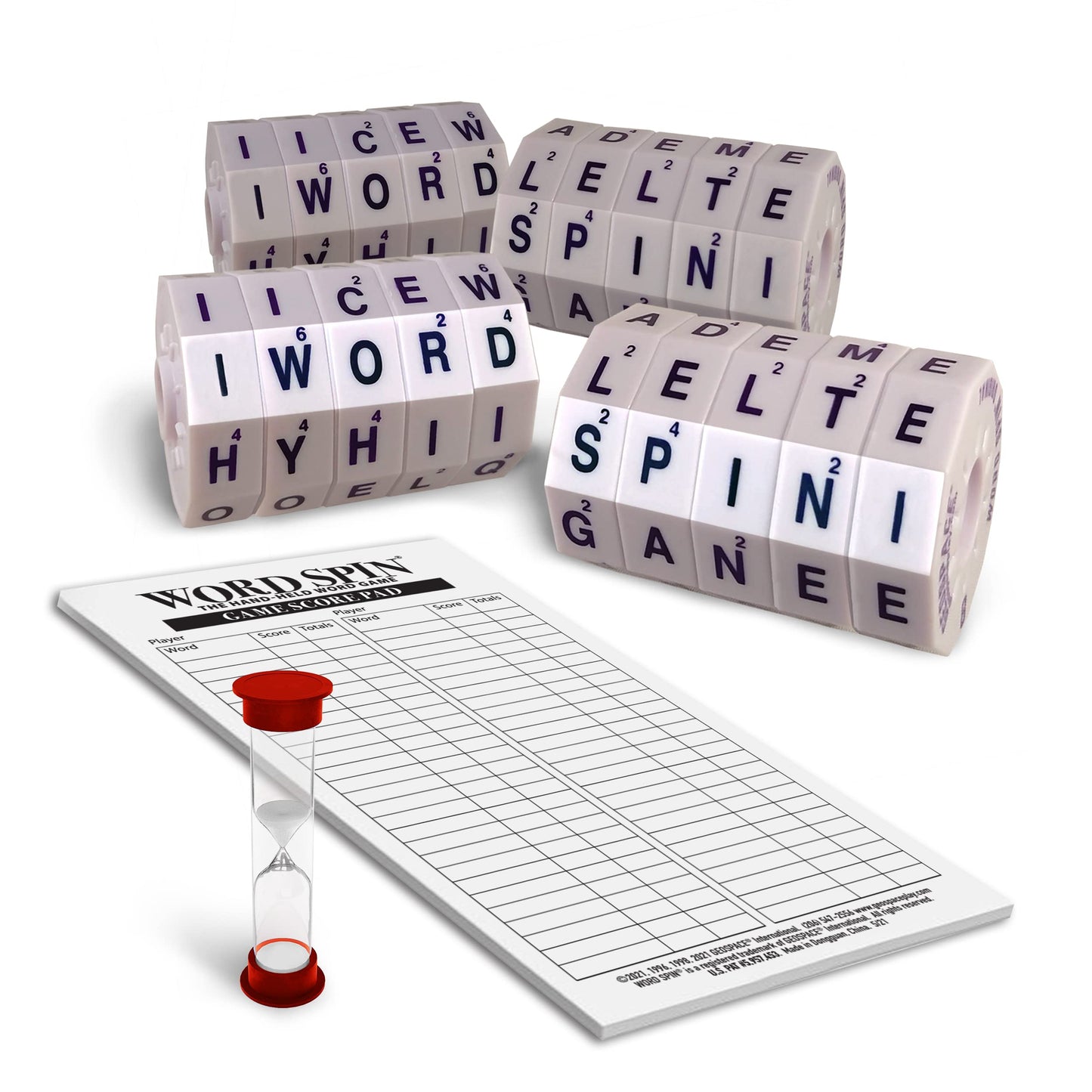 Geospace Word Spin Deluxe Family Edition for Adults & Kids - The Award Winning Magnetic Word Game with 20 Magnetic Spin Wheels, Timer & Score Pad