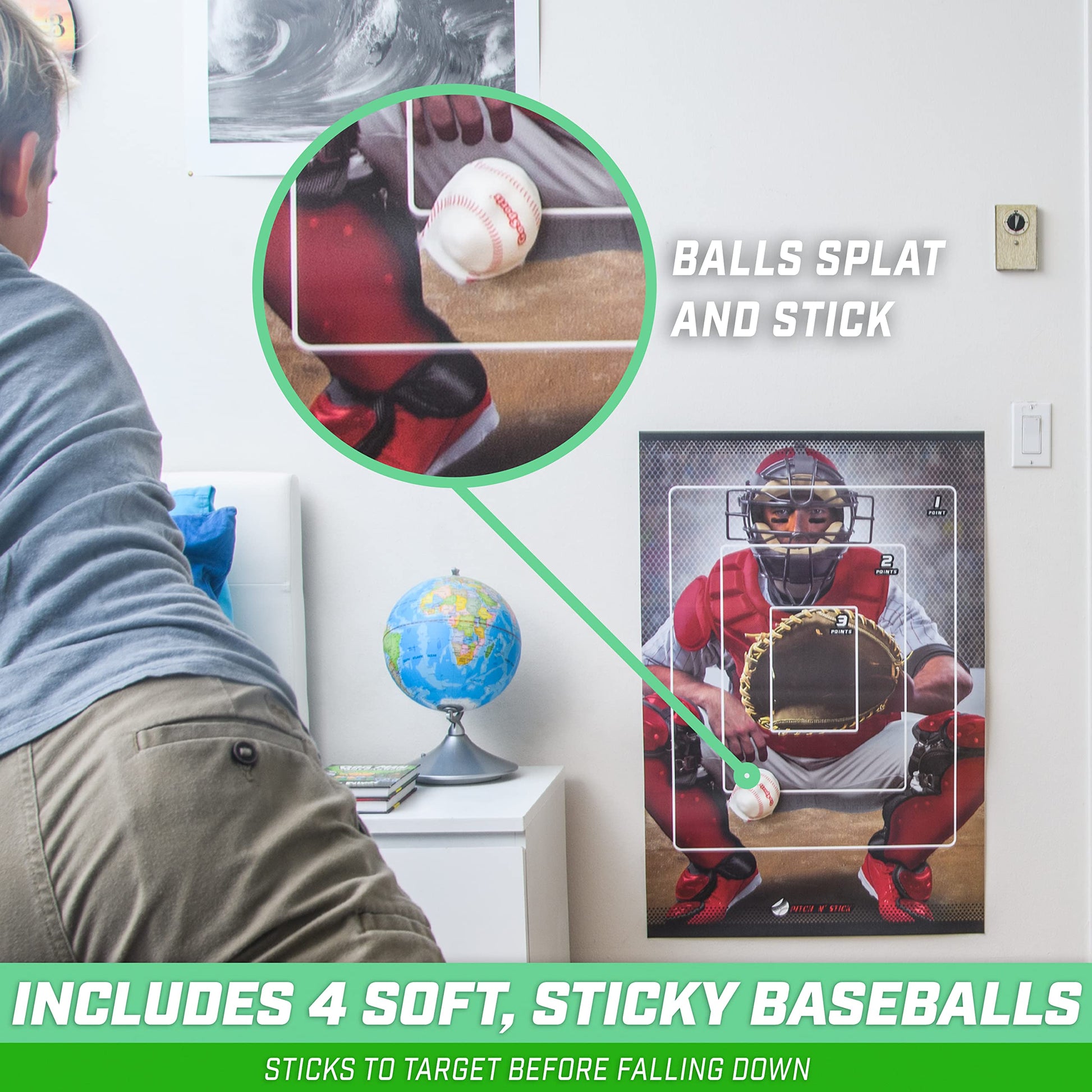 GoSports Pitch N' Stick Kids Baseball Pitching Game - Includes Wall Poster Target and 4 Sticky Ball Baseballs