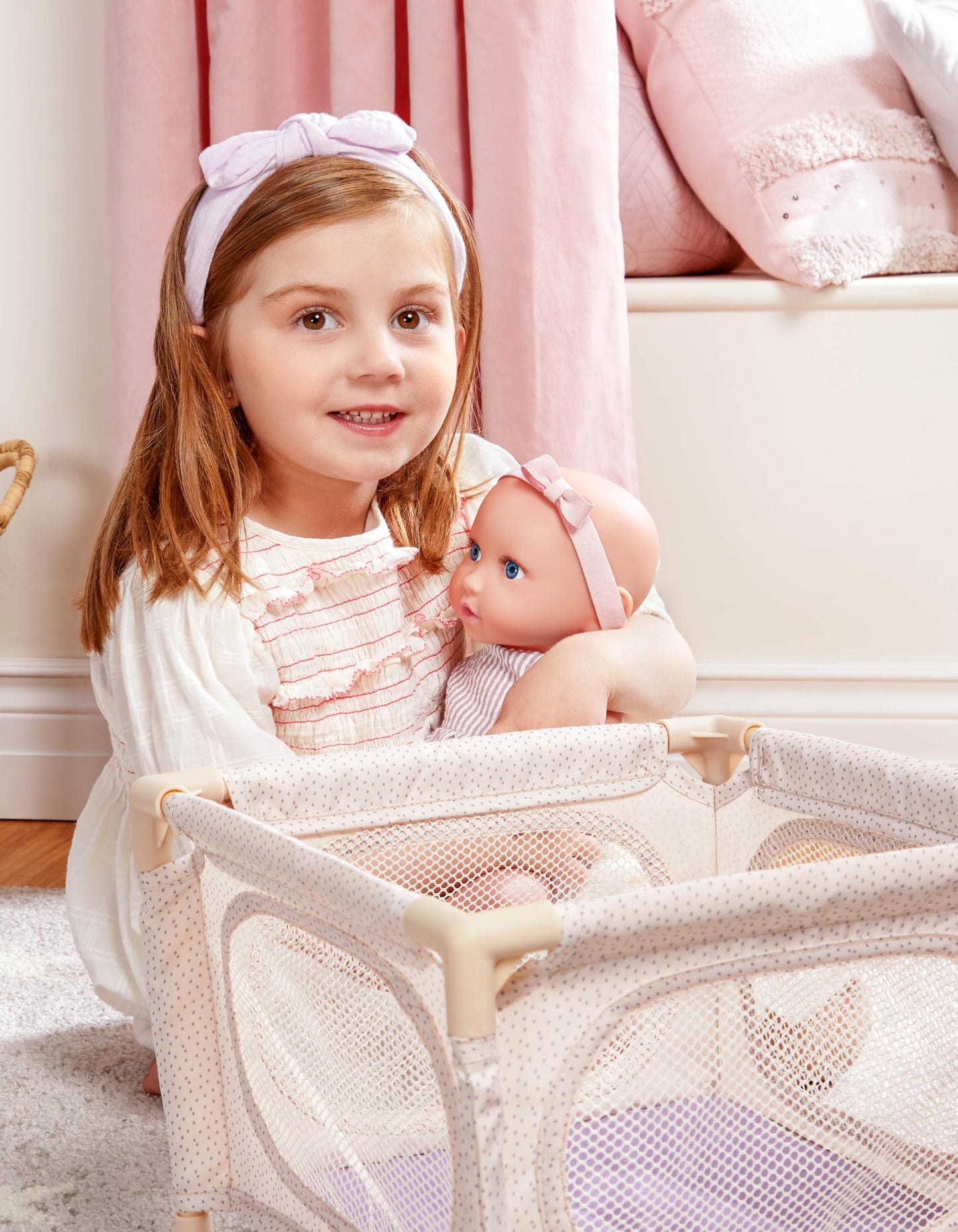 LullaBaby - 14-Inch Realistic Baby Doll & Accessory Bundle - Fair Skin Tone & Blue Eyes - Baby Doll Nursery Care Set - High Chair, Playpen & Jogger