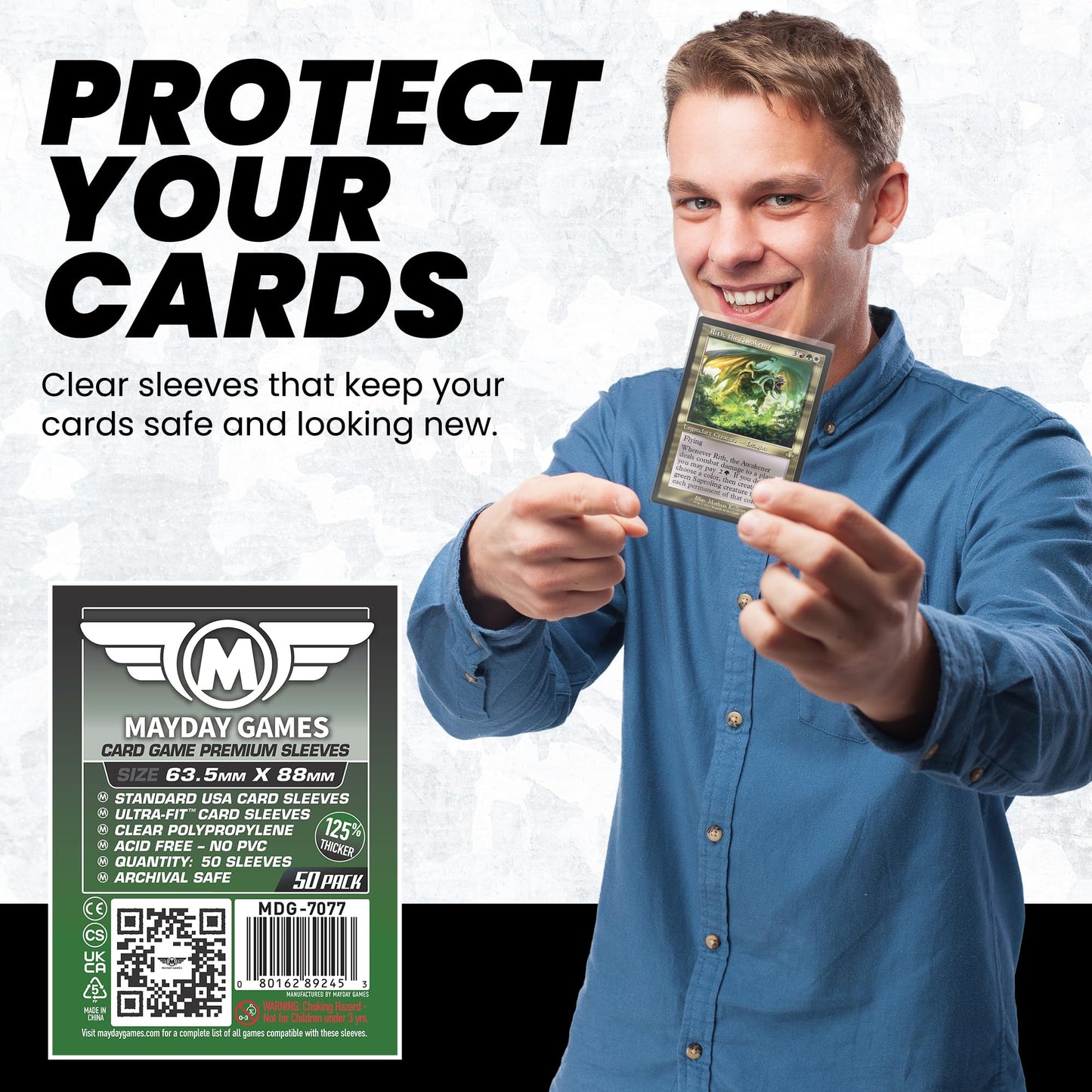 MayDay Games Premium Card Sleeves - 50 Count, Clear 90 Micron Thickness, Medium MTG Size (63.5 x 88 mm), Compatible with Magic: The Gathering & More