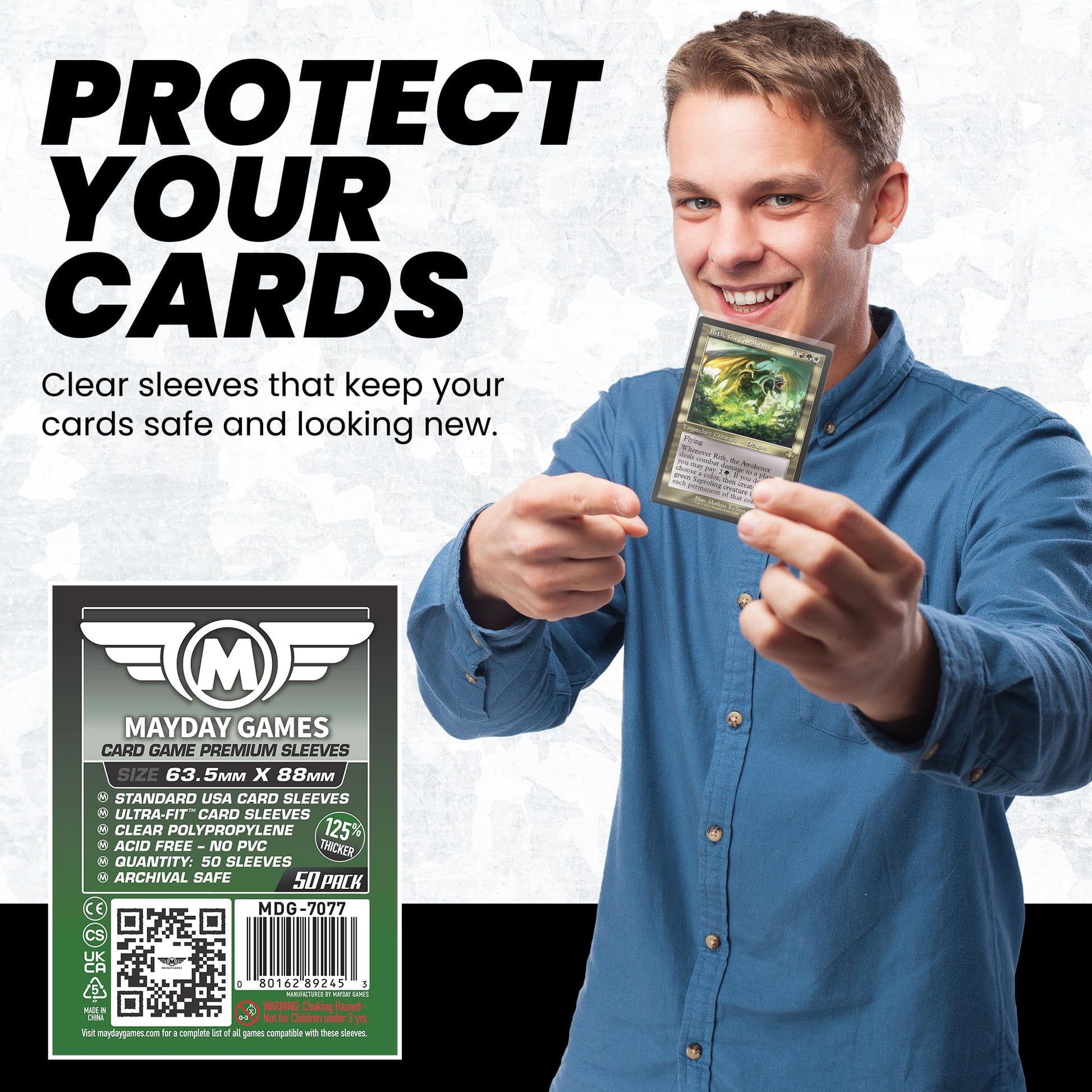 MayDay Games Premium Card Sleeves - 50 Count, Clear 90 Micron Thickness, Medium MTG Size (63.5 x 88 mm), Compatible with Magic: The Gathering & More