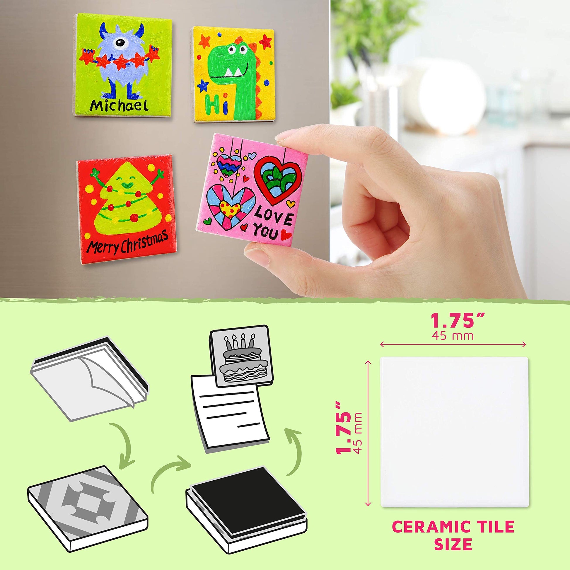Magnetic Mini Tile Art - DIY Craft Kit; Design and Paint Magnet Tiles - Kids Paint Arts & Crafts Project; Includes 12 Tile Magnets, 8 Paint Colors, 2
