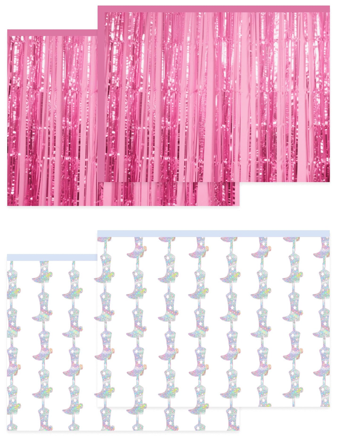 4 Pcs Cowgirl Party Decorations - 2 Boot Silver Metallic Tinsel Fringe Curtains & 2 Candy Pink Backdrops for Birthday Supplies Last Rodeo Bachelorette