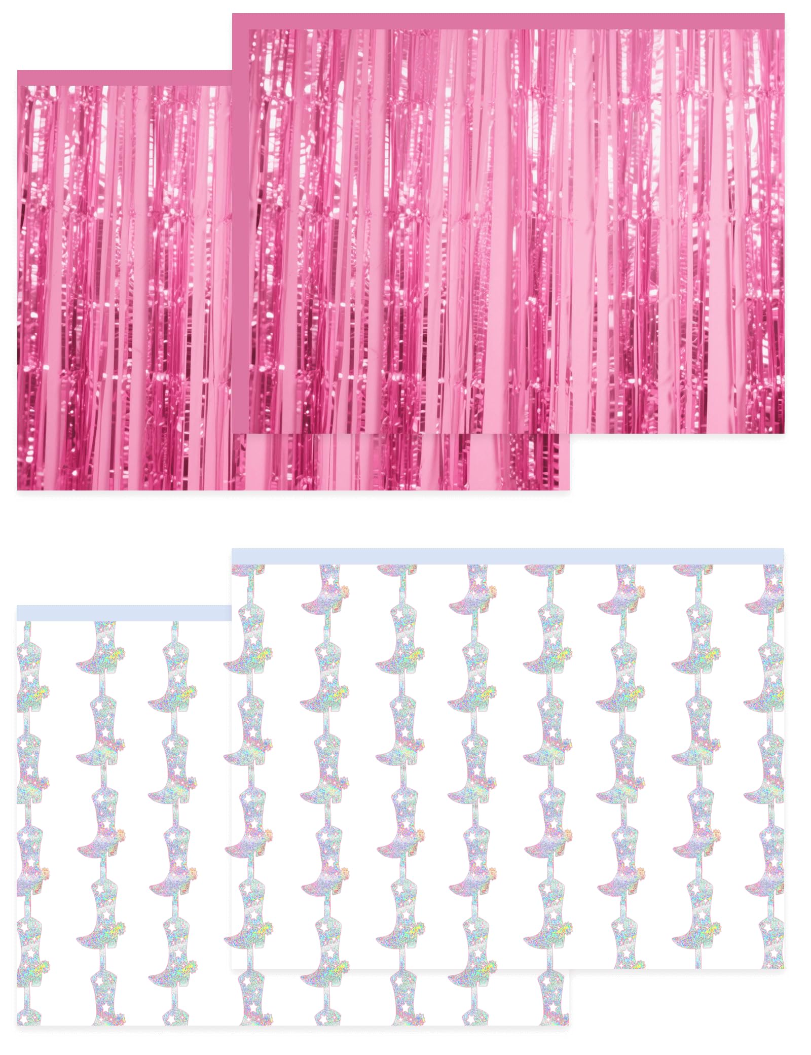 4 Pcs Cowgirl Party Decorations - 2 Boot Silver Metallic Tinsel Fringe Curtains & 2 Candy Pink Backdrops for Birthday Supplies Last Rodeo Bachelorette