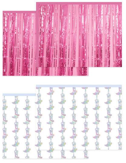 4 Pcs Cowgirl Party Decorations - 2 Boot Silver Metallic Tinsel Fringe Curtains & 2 Candy Pink Backdrops for Birthday Supplies Last Rodeo Bachelorette