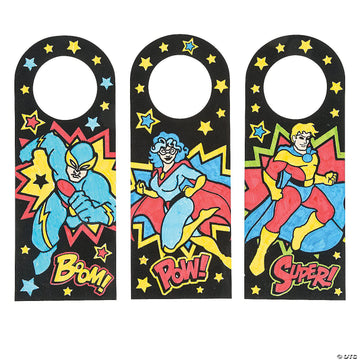 Fun Express Color Your Own Fuzzy Superhero Door Knob Hanger - Makes 24 - Crafts for Kids and Birthday Party Activities