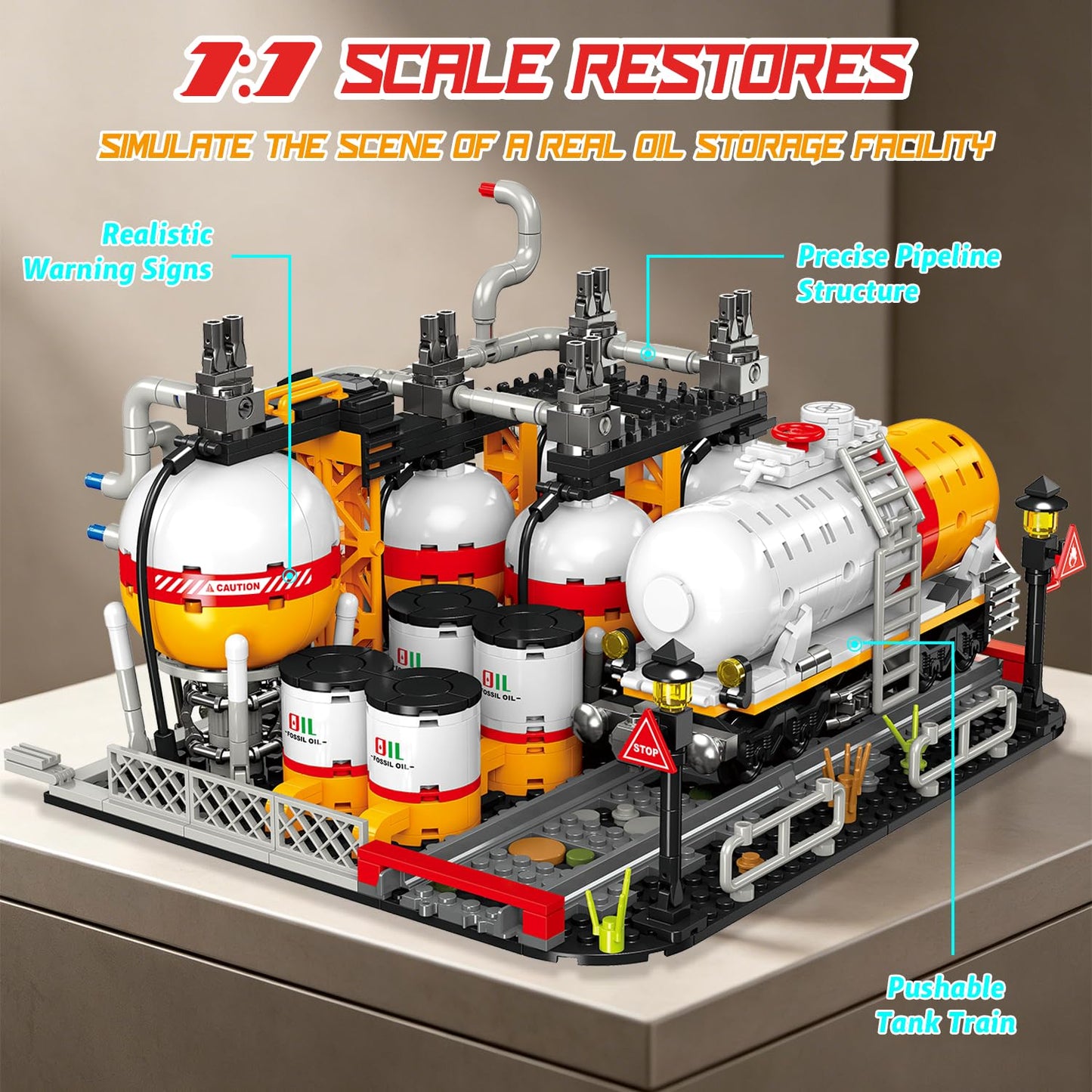 Modular Gas Station & Chemical Plant Building Set, 743 PCS Industrial Storage Tank Brick Model with Loading Bay, Display Model Kit for Adults and Kids