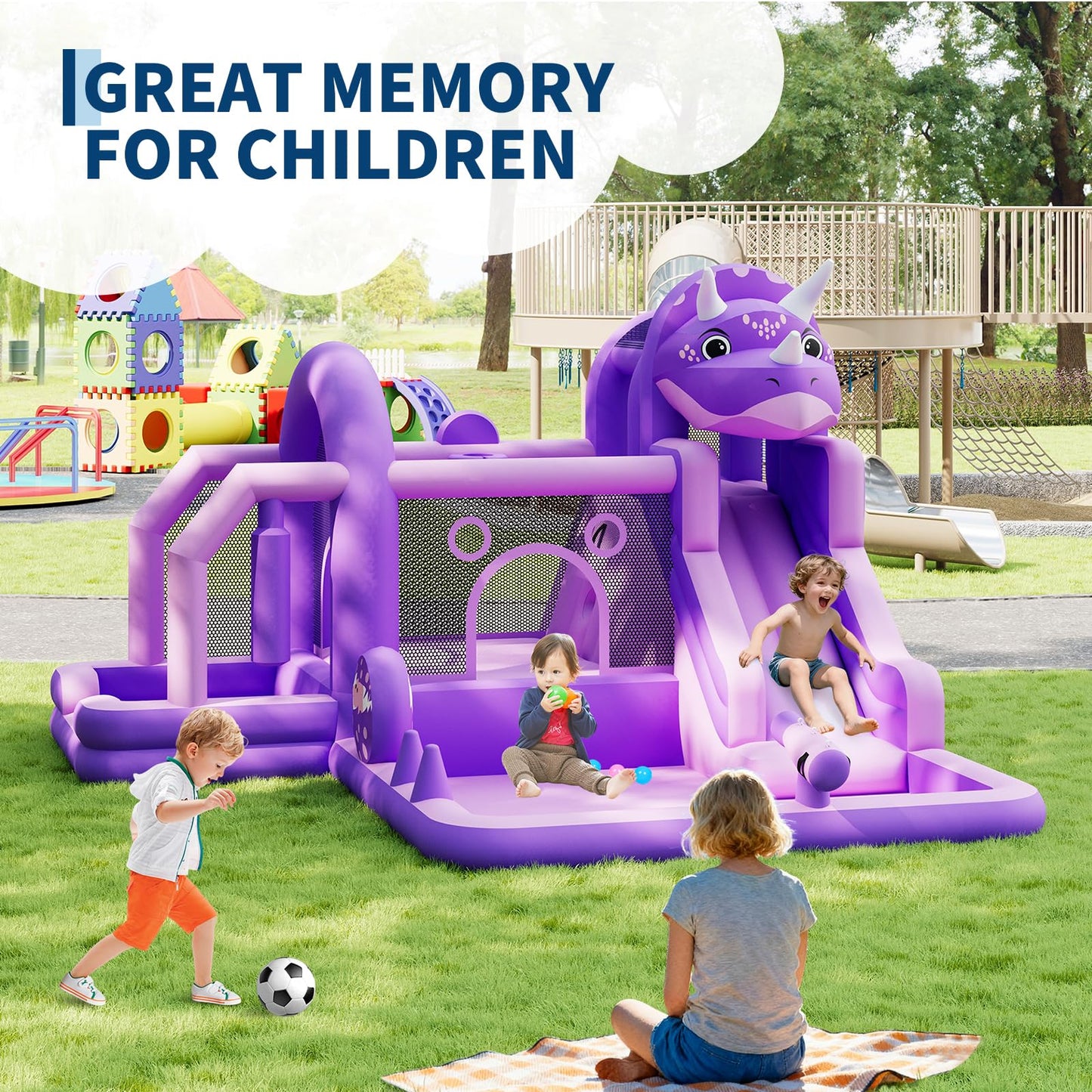 Bounce House, Inflatable Dinosaur Bouncer with Slide and Air Blower, Oxford Cloth Jumping Castle for Kids, Durable Sewn Bouncy House with Large Play