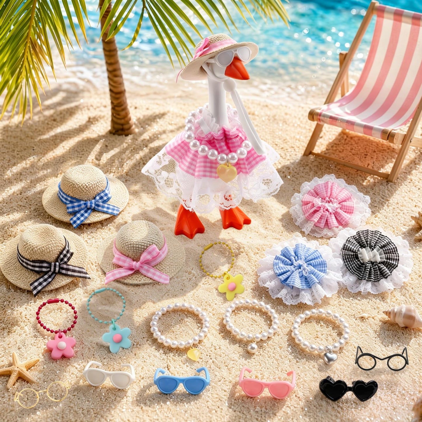Estedro 6 Set Desk Goose Outfits 7 Inches 18 PCS Mini Porch Goose Clothes with Cute Hat Necklace Dresses and Sunglasses Funny Desk Goose Accessories