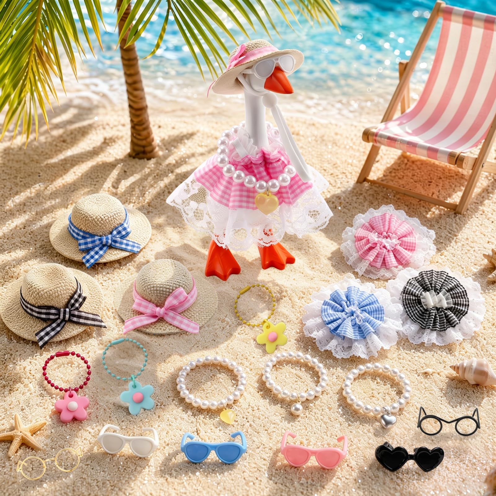 Estedro 6 Set Desk Goose Outfits 7 Inches 18 PCS Mini Porch Goose Clothes with Cute Hat Necklace Dresses and Sunglasses Funny Desk Goose Accessories