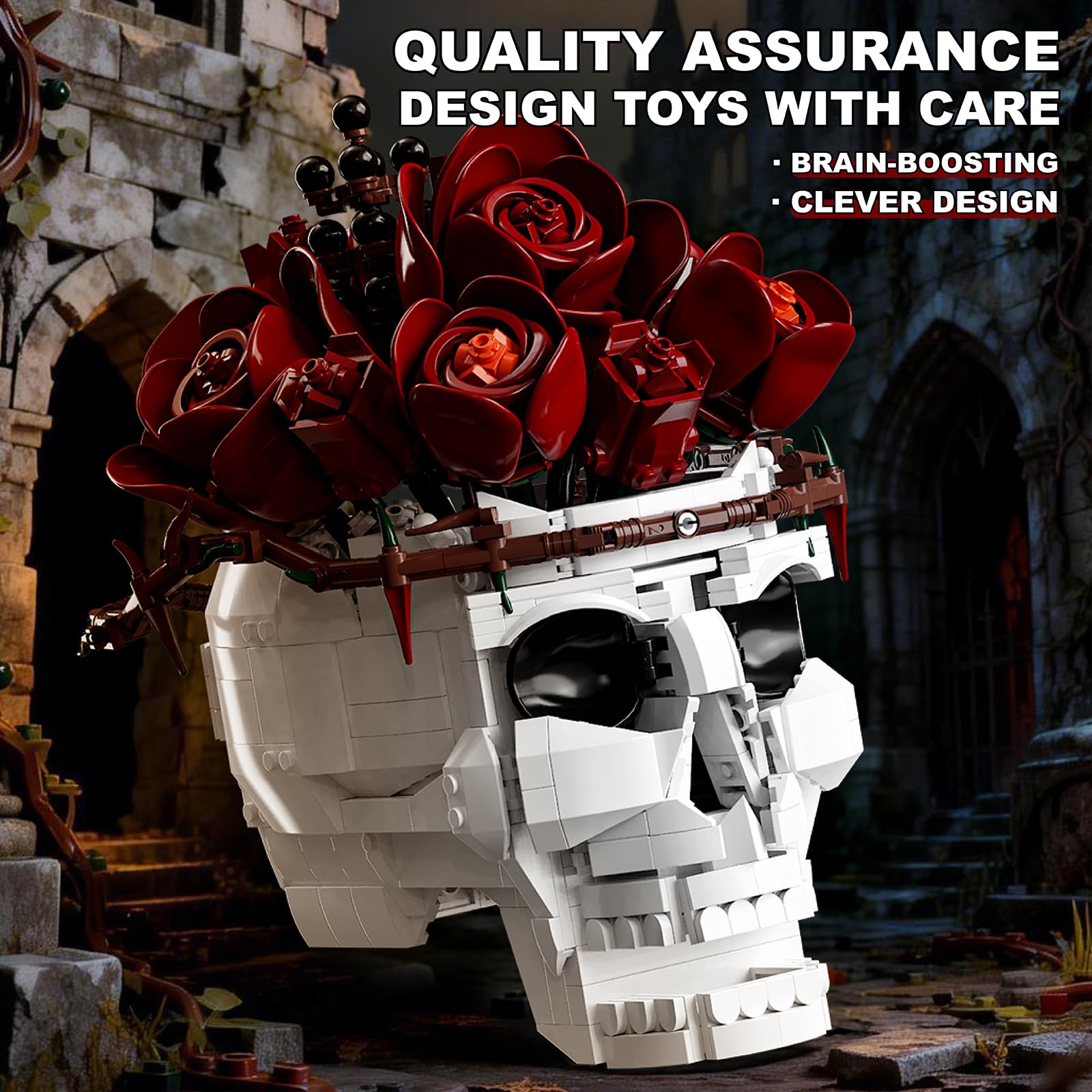 GHQYTPR Gothic Skull Rose Building Block Set 1249 Pcs Skeleton Flower Bouquet Model Kit for Adults & Teens Dark Aesthetic Room Decor Unique Halloween