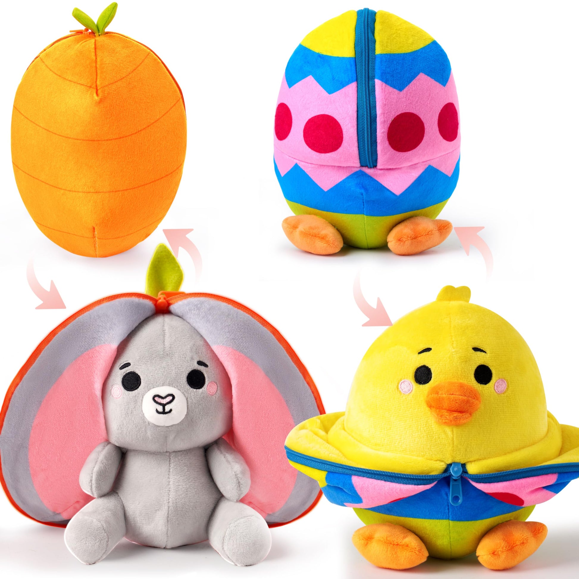 JOYIN 2 PCS Easter Stuffed Animal Plush Hiding Bunny Chick, Floppy Rabbit Ear Chick Wing Plushie with Zipper, Hide Carrot Egg Pillow, Reversible