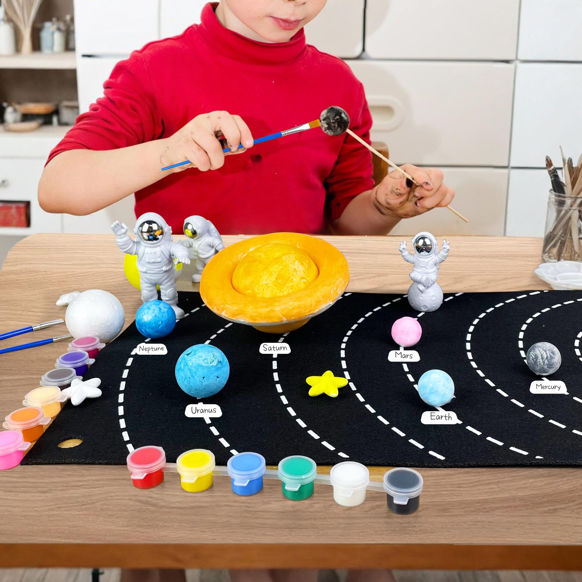 35PCS Solar System Model Kit Foam Ball Kit Includes Color Pigments Palette Spheres Balls Brushes Felt Background Plate Instruction Manual Astronaut