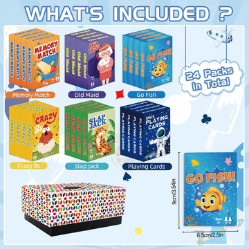 Kids Card Games,24 Decks,Go Fish, Old Maid, Crazy Eights, Memory Match, Slap Jack, Space Playing Cards, Family Game Night Classic Table Games