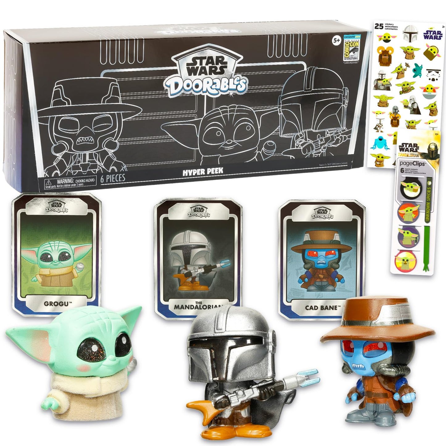 Star Wars Doorables Hyper Peek Set - Bundle with 2024 SDCC Exclusive 3 Doorables Mandalorian Mini Figures with Trading Cards Plus Stickers, More |