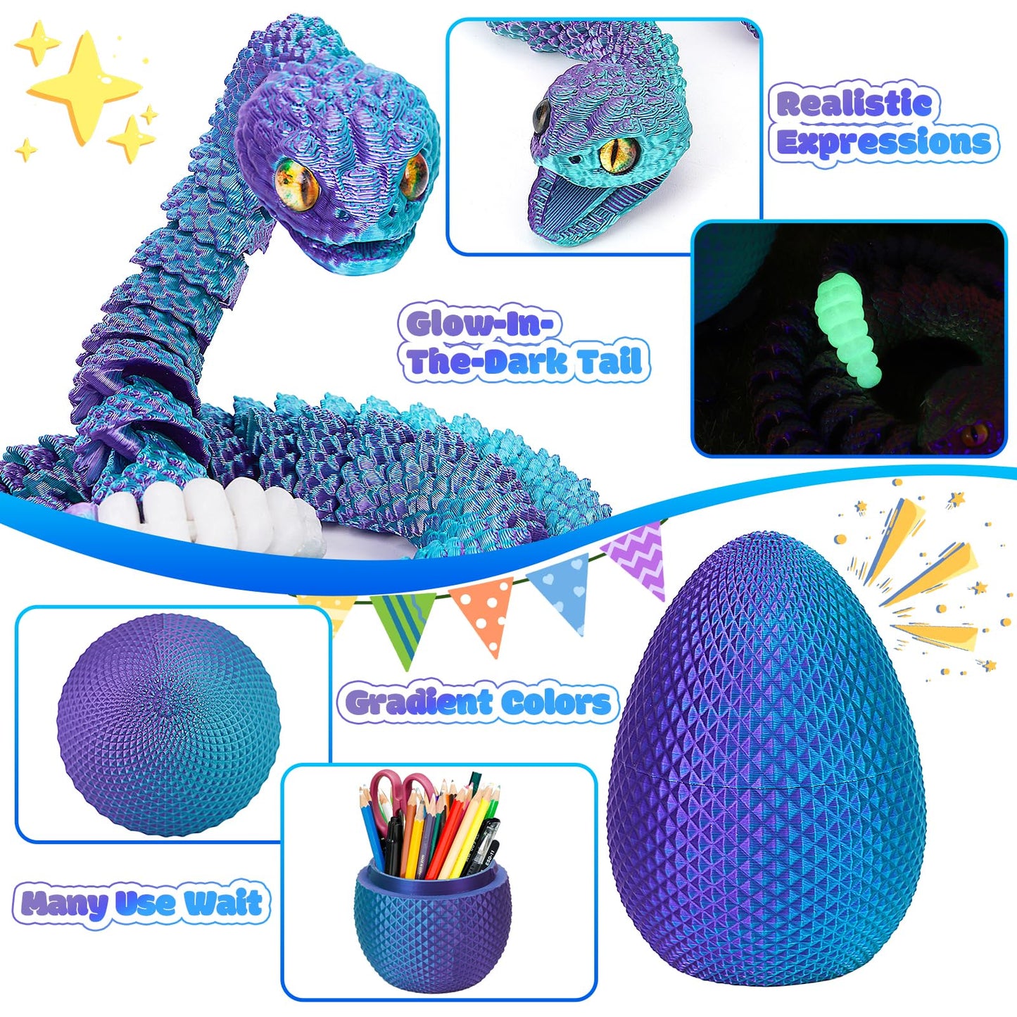 3D Printed Snake Eggs, Easter Egg Filled with Toy - Basket Essentials for Kids Boy Girls, Flexible Articulated 3D Printed Animal Fidget Toys (Cyan