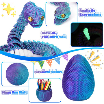 3D Printed Snake Eggs, Easter Egg Filled with Toy - Basket Essentials for Kids Boy Girls, Flexible Articulated 3D Printed Animal Fidget Toys (Cyan