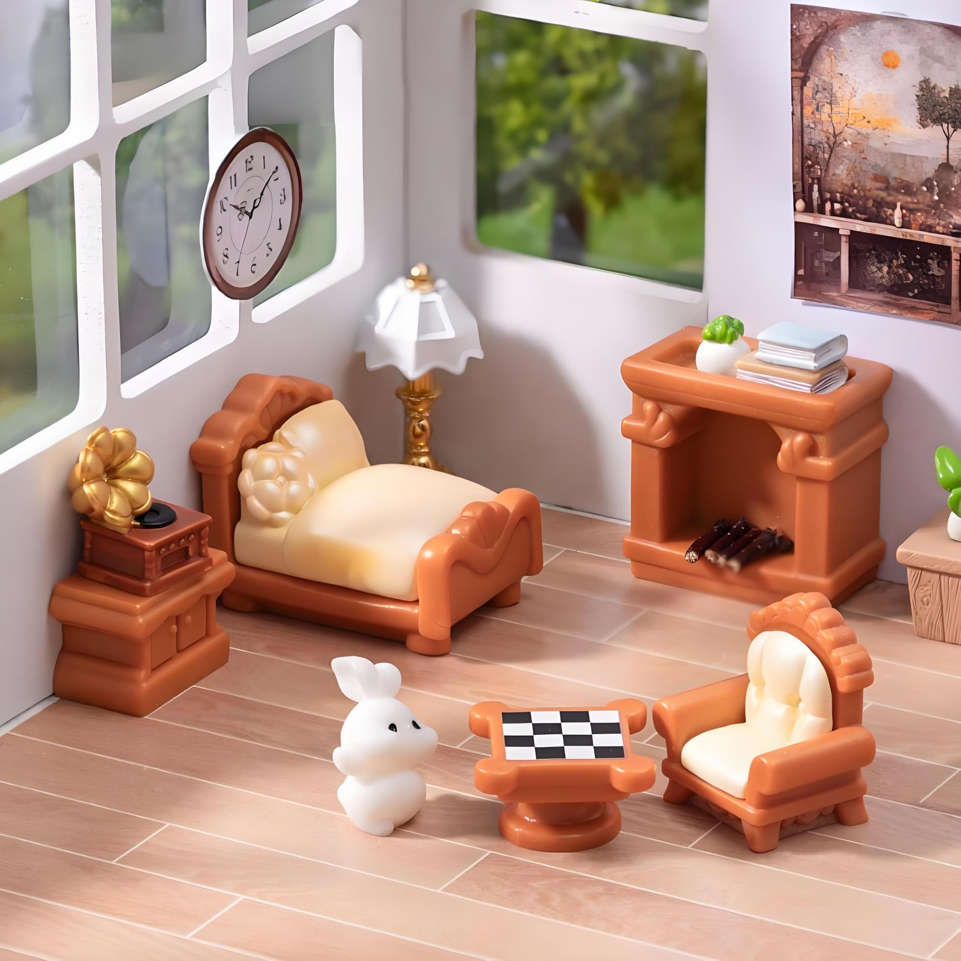 5-Piece Brown Dollhouse Furniture Kit - DIY Decoration Accessories Set, Living Room, Bedroom Furniture (Bed, Sofa, Record Player, Fireplace