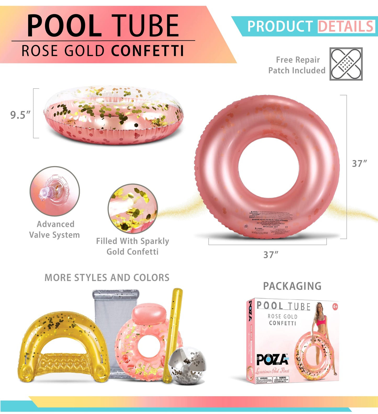 CoTa Global Inflatable Pool Float Tube Confetti, Swimming Ring - Rose Gold