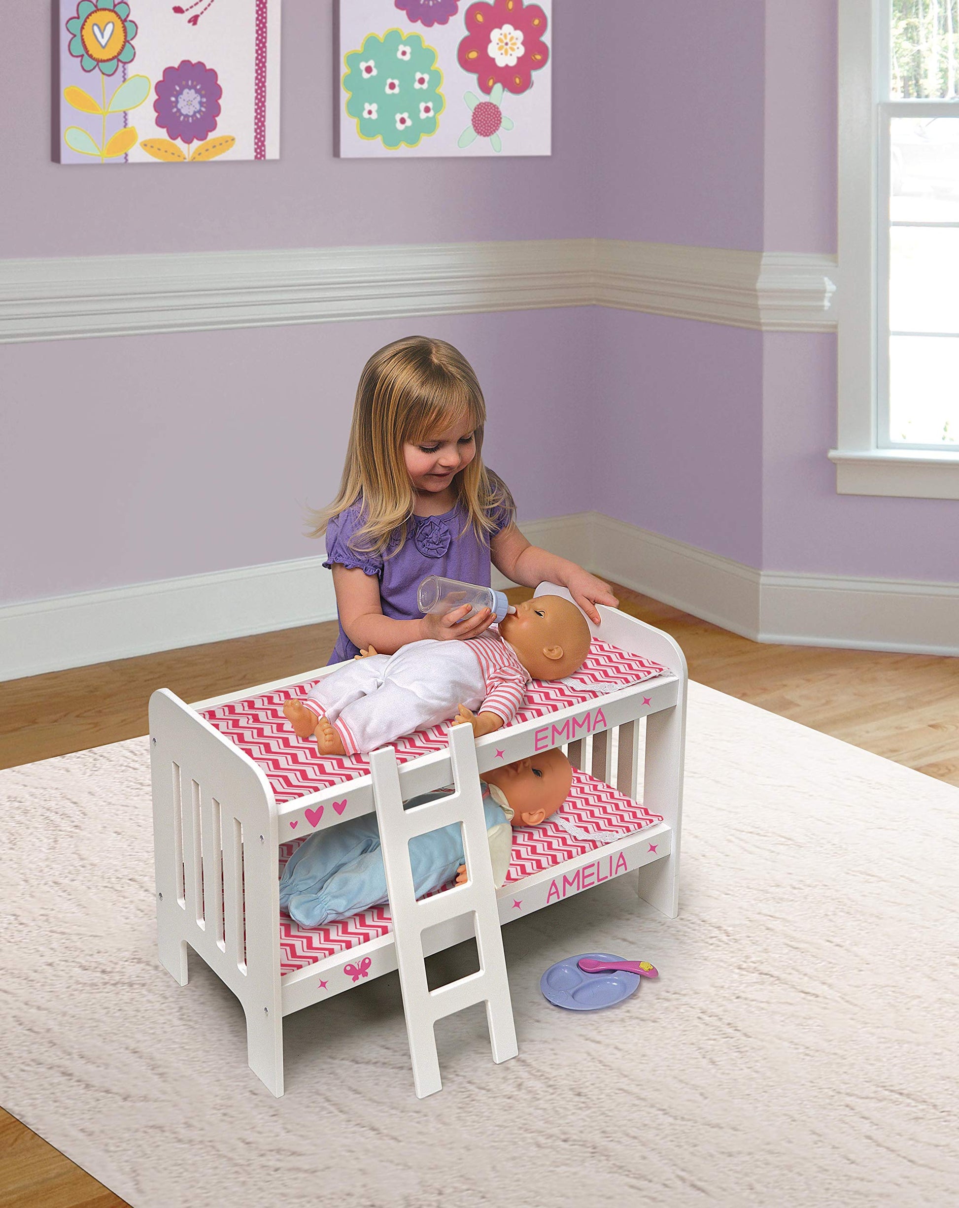 Badger Basket Chevron Doll Bunk Bed with Bedding, Ladder, and Padded Mats - Ideal for Dolls Up to 20 Inches in White and Pink