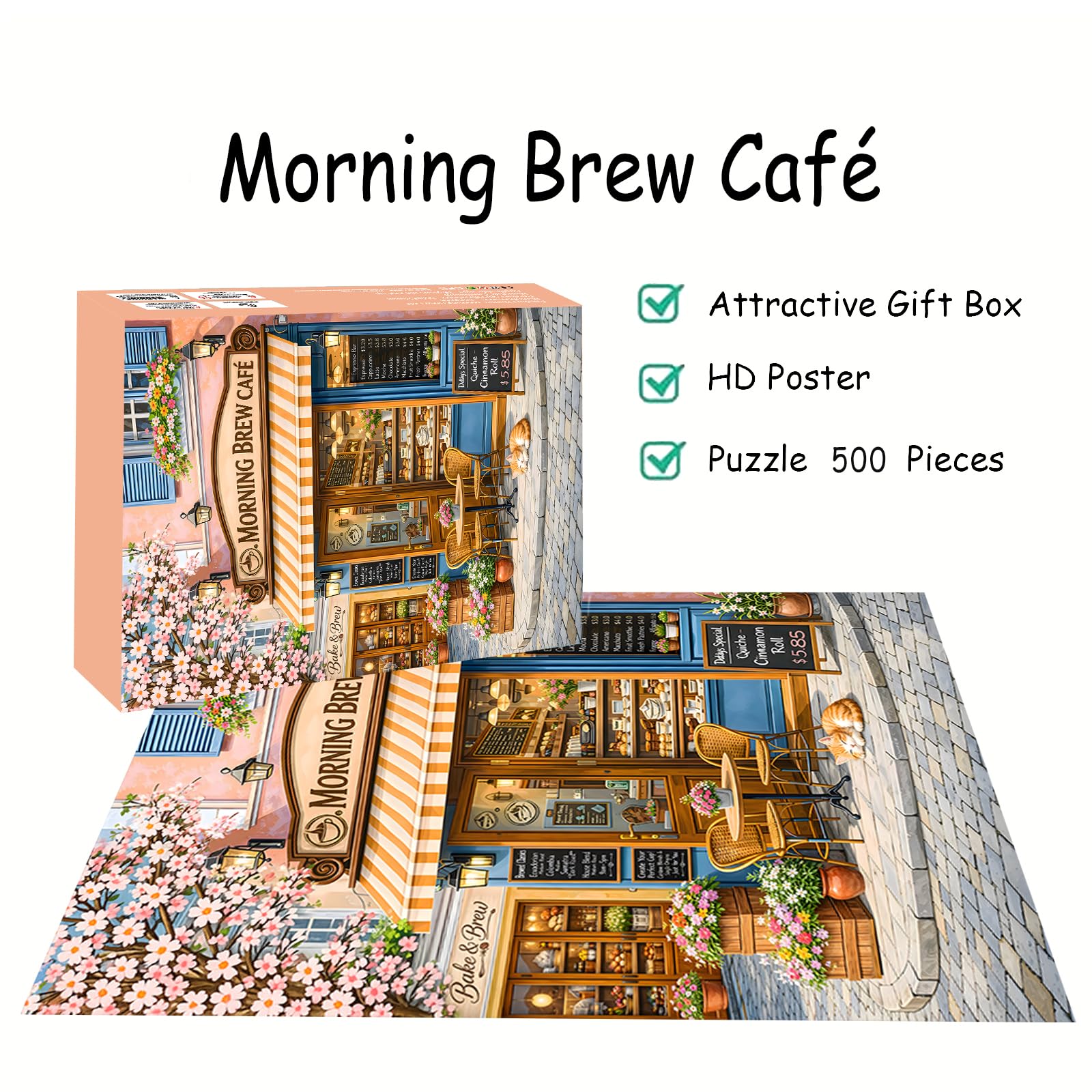 Puzzles for Adults 500 Pieces, Coffee Shop Jigsaw Puzzles - Morning Brew Cafe, Impossible Cafe Puzzles for Seniors Family, 20.47x14.96 inches, 1:1