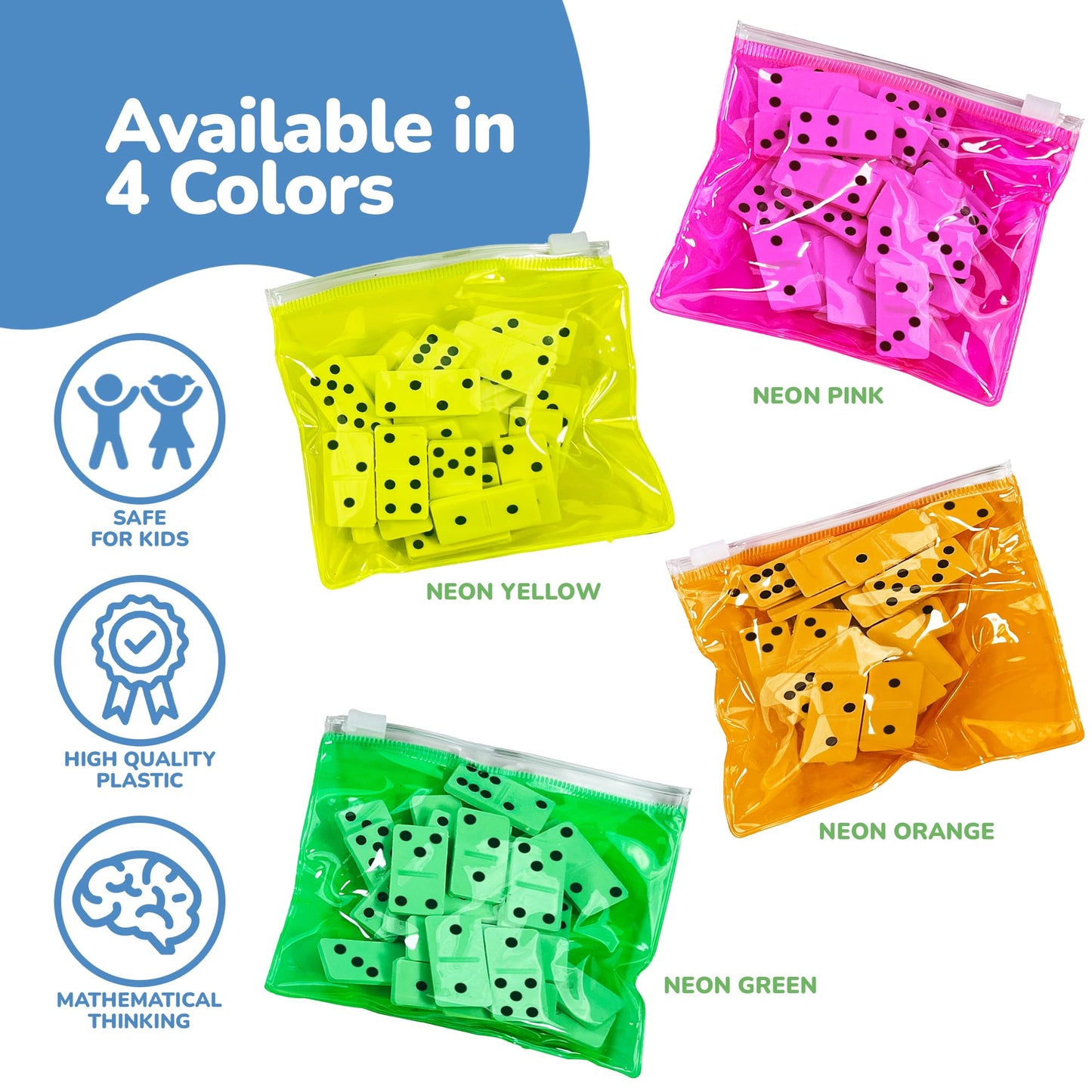 ArtCreativity Domino Game Set - Pack of 12 - Each Domino Set Includes 28 Pieces Per Neon Pink, Yellow, Green and Orange Bags - Great School, Carnival