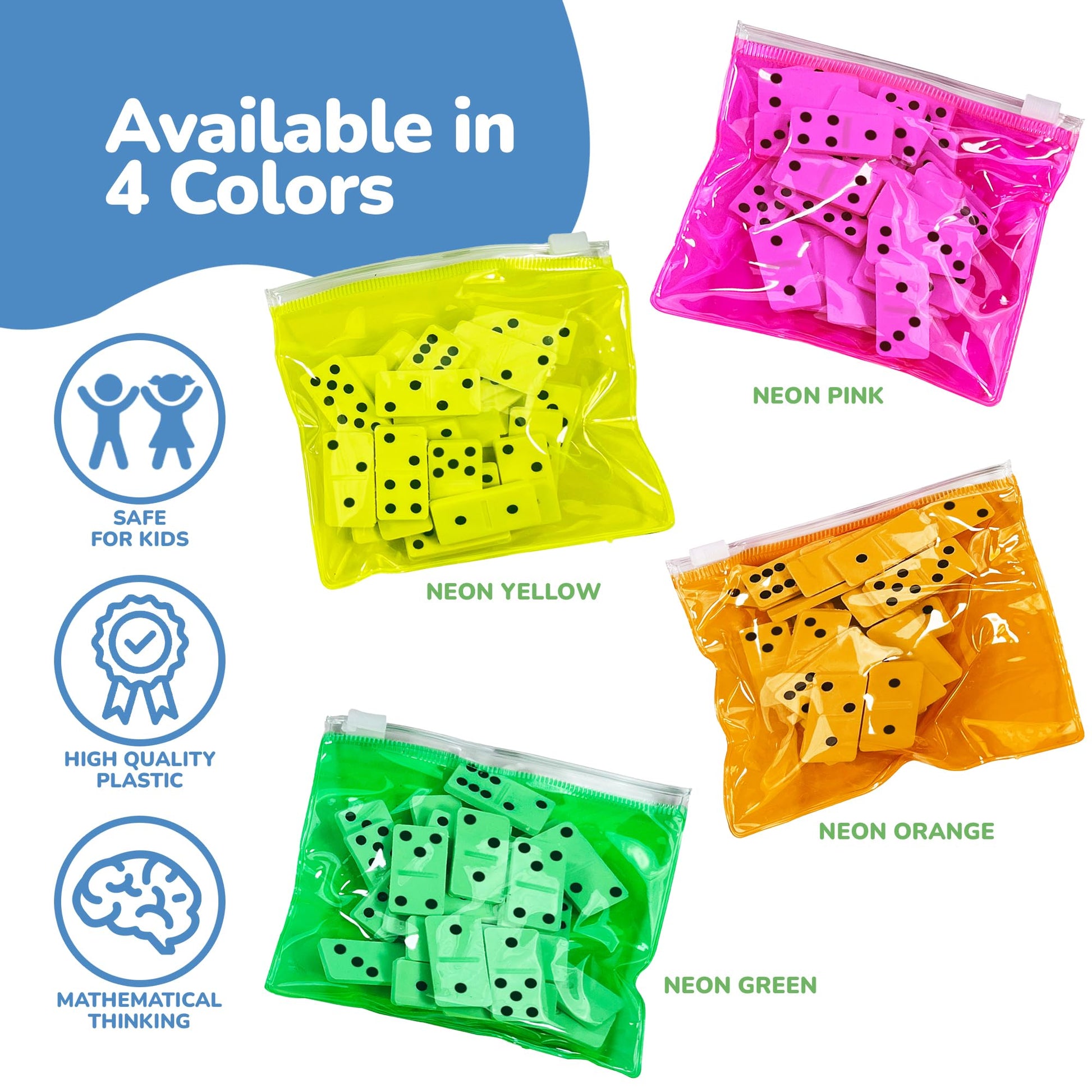 ArtCreativity Domino Game Set - Pack of 12 - Each Domino Set Includes 28 Pieces Per Neon Pink, Yellow, Green and Orange Bags - Great School, Carnival