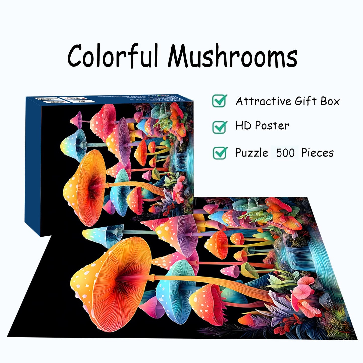 Puzzles for Adults 500 Pieces, Mushroom Jigsaw Puzzles - Colorful Mushrooms, Impossible Glow in the Dark Puzzle for Seniors Family, 20.47 x 14.96