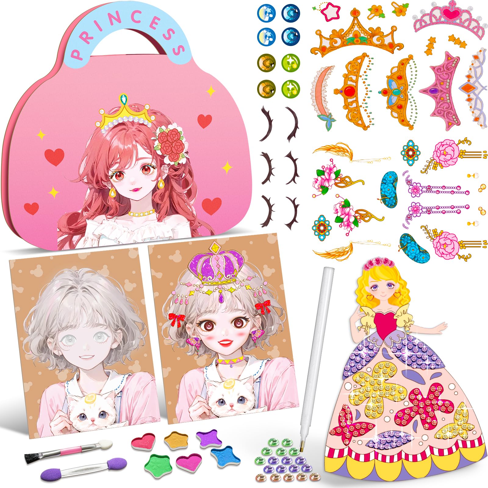 ZHOC Art Craft Activity for Kids, Paper Craft Kits - Paper Makeup DIY Girls Toy Kit with Diamond Painting & Princess Dress Up Set, Travel Toys Ideal