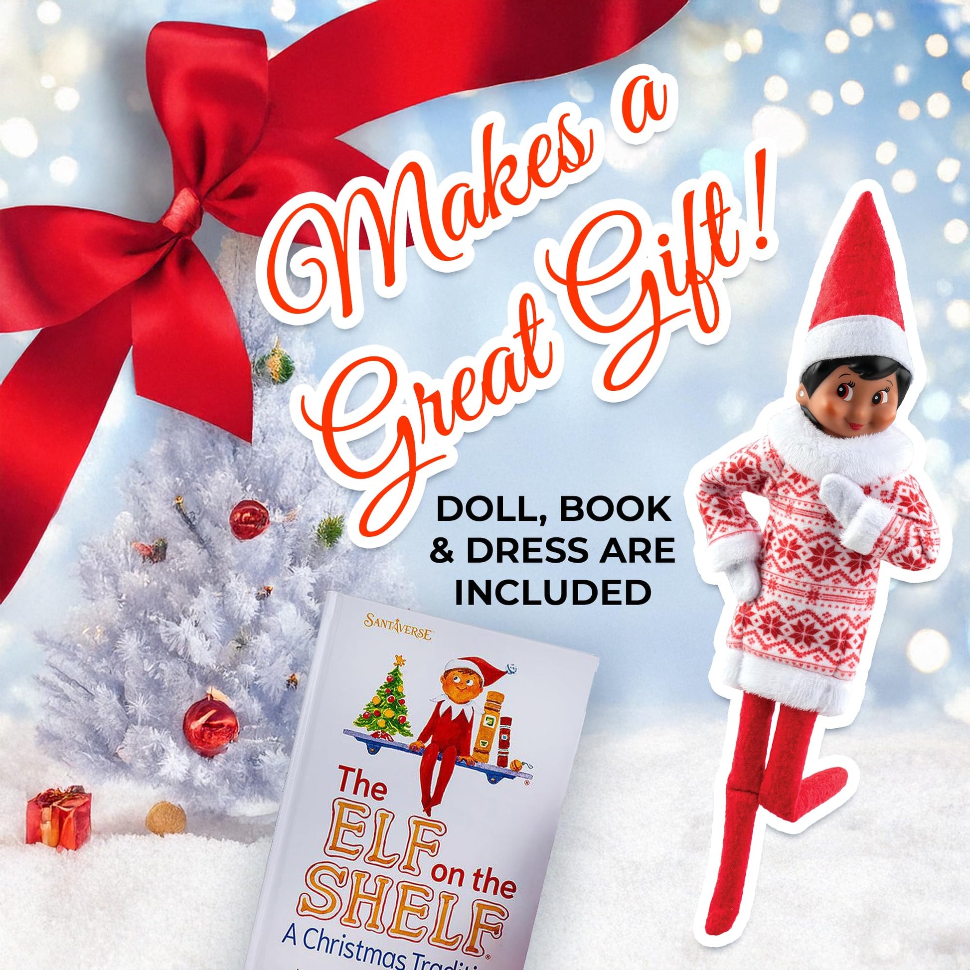 The Elf on the Shelf Christmas Tradition Set with Scout Elf, Red Holiday Mascot, Storybook, Brown Eyes, Claus Couture Snowflake Sweetie Dress