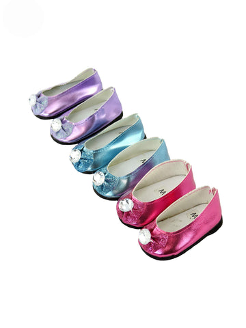 American Fashion World Metallic Diamond Bow Flats for 18 inch Dolls | 3 Pack | Premium Quality & Trendy Design | Dolls Shoes | Shoe Fashion for Dolls