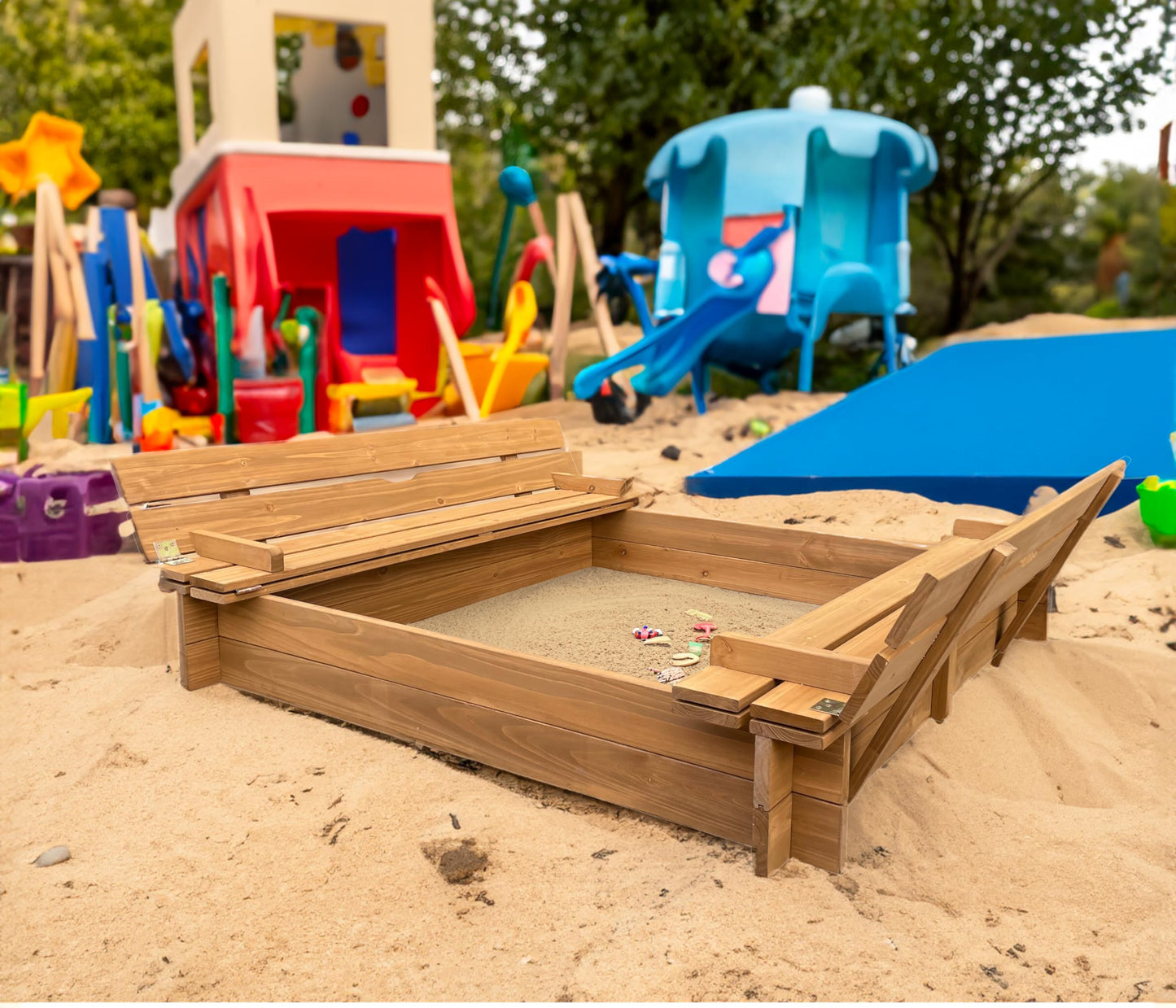 BTExpert Kids Large Wooden Sandbox 47x47 Outdoor Play Sandpit for Backyard Foldable Bench Seats Sand Protection Liner