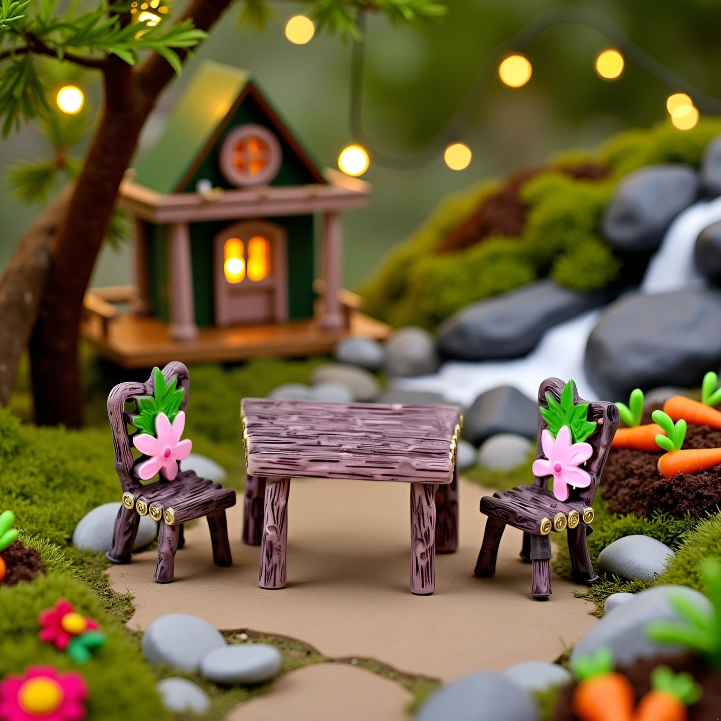 1Set Miniature Furniture Set, Mini Table and Chairs, Wooden Garden Decor for Tiny Houses, Micro Landscape Dollhouse Accessories