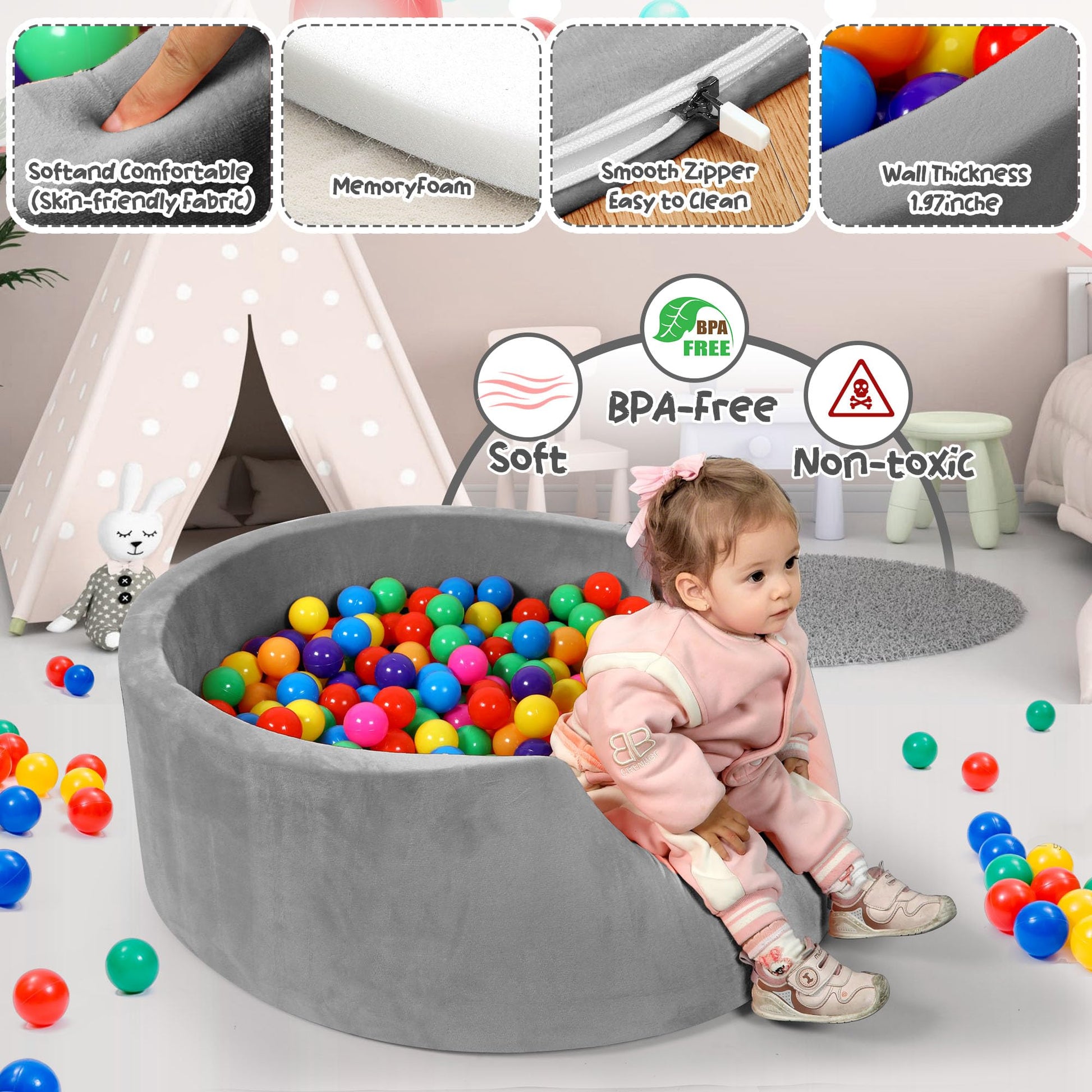 Baby Foam Ball Pit, 35.4"x 11.8" Ball Pits for Toddlers,Grey