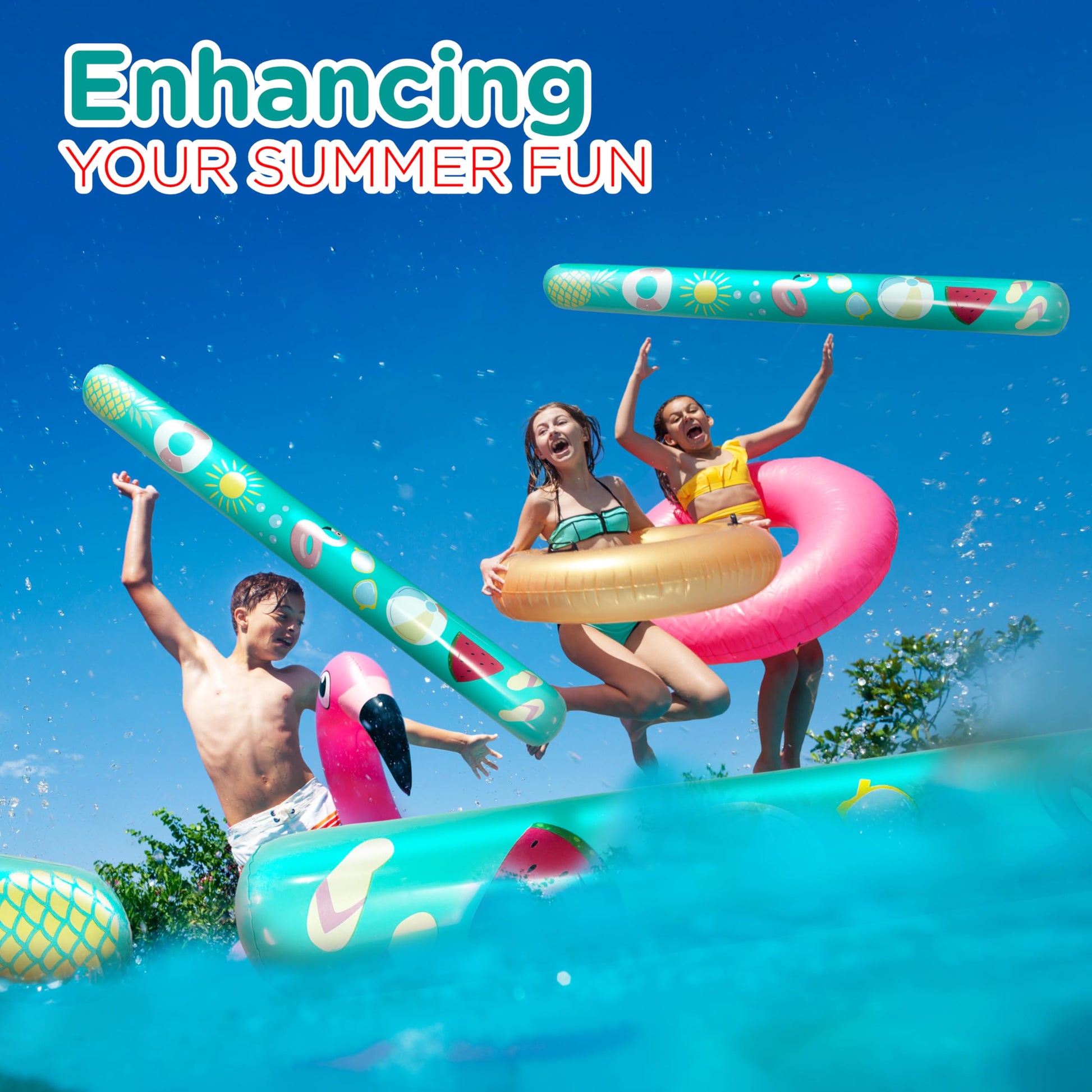 4E's Novelty 4 Ft Inflatable Noodles for Pool - 2 Pack- 48" PVC Giant Blow up Pool Noodles Jumbo Floats for Adults Swimming Pool