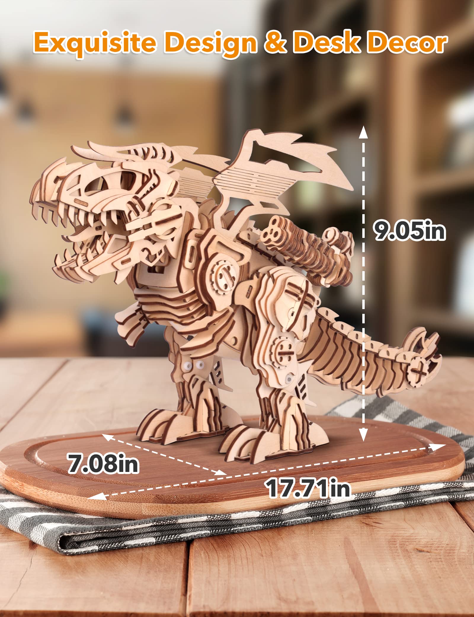 MIEBELY 3D Wooden Puzzles for Adults - T-Rex Dinosaur Model Kits can Walk and Roar, Mechanical Dinosaur STEM Toys for Boys Kids Ages 8-10-12-14, 3-D