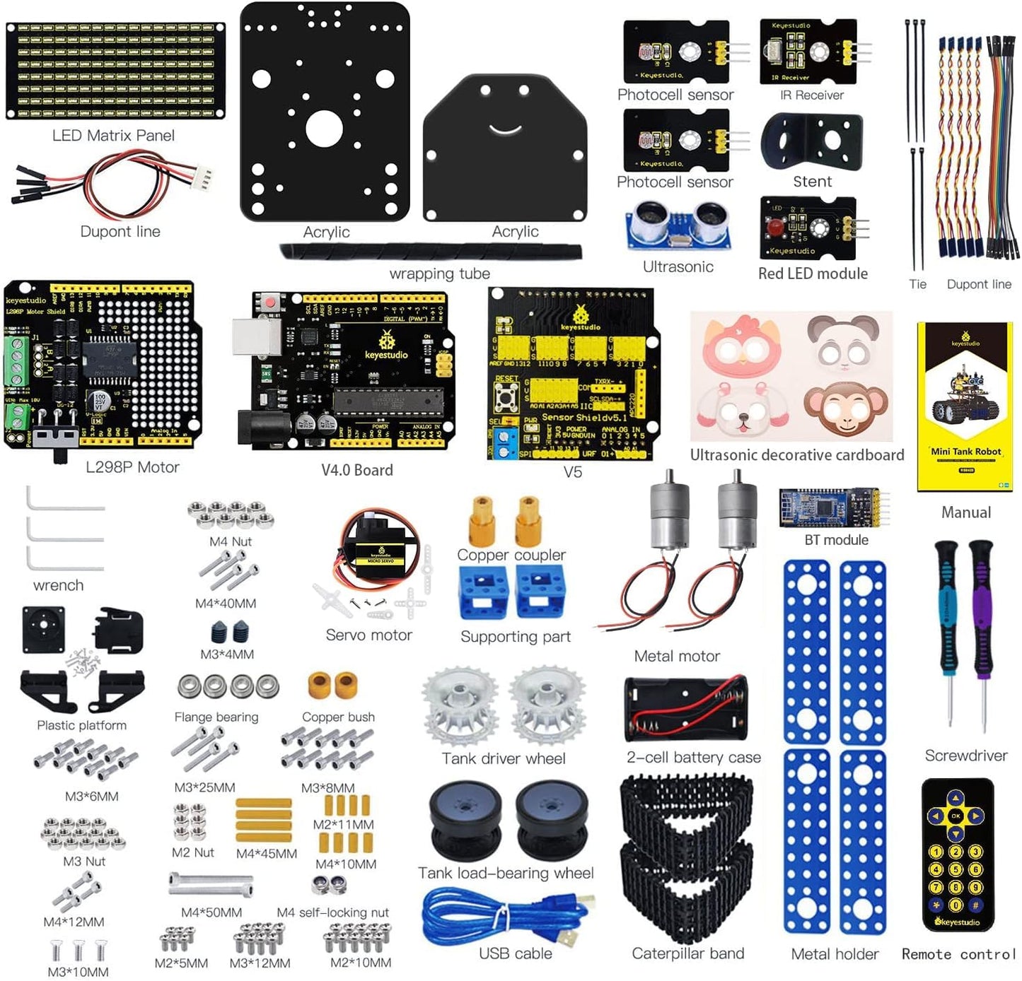 KEYESTUDIO Mini Tank Kit V2 Smart Car for Arduino, IR Infrared and App Remote Control (iOS and Android), Light and Ultrasonic Follow, 8X16 LED Panel