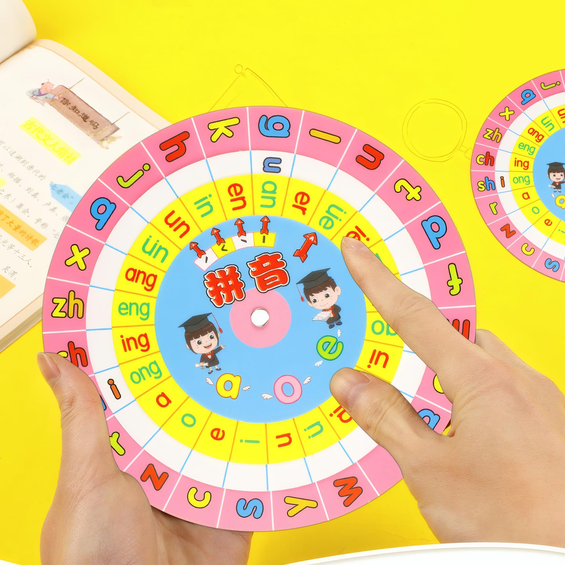 HannaFires 2-Pieces Mandarin Chinese Pinyin Learning Wheel Cards - Pink Rotating Pronunciation Chart, Portable Language Study Tool, Pinyin Guide