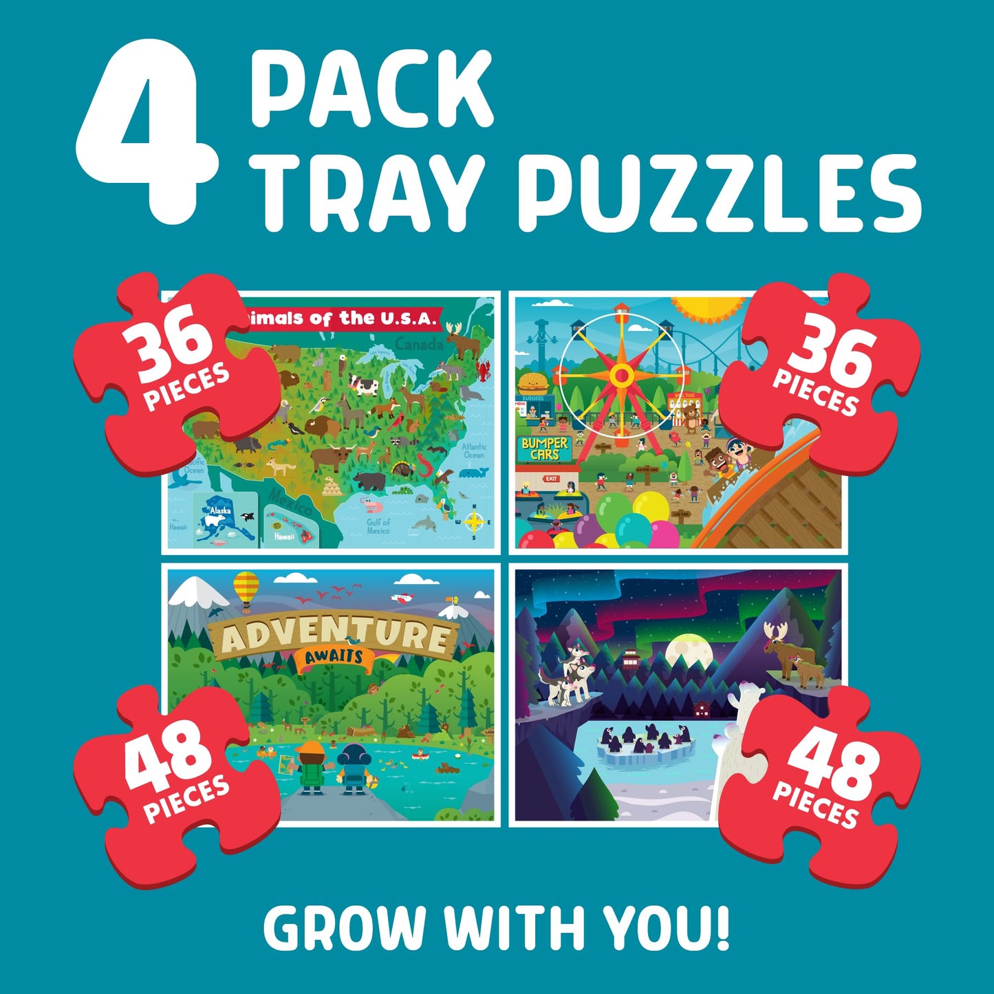 Chuckle & Roar Puzzles for Kids Ages 4-6, Portable Tray, 4 Pack, 36 & 48 Pc
