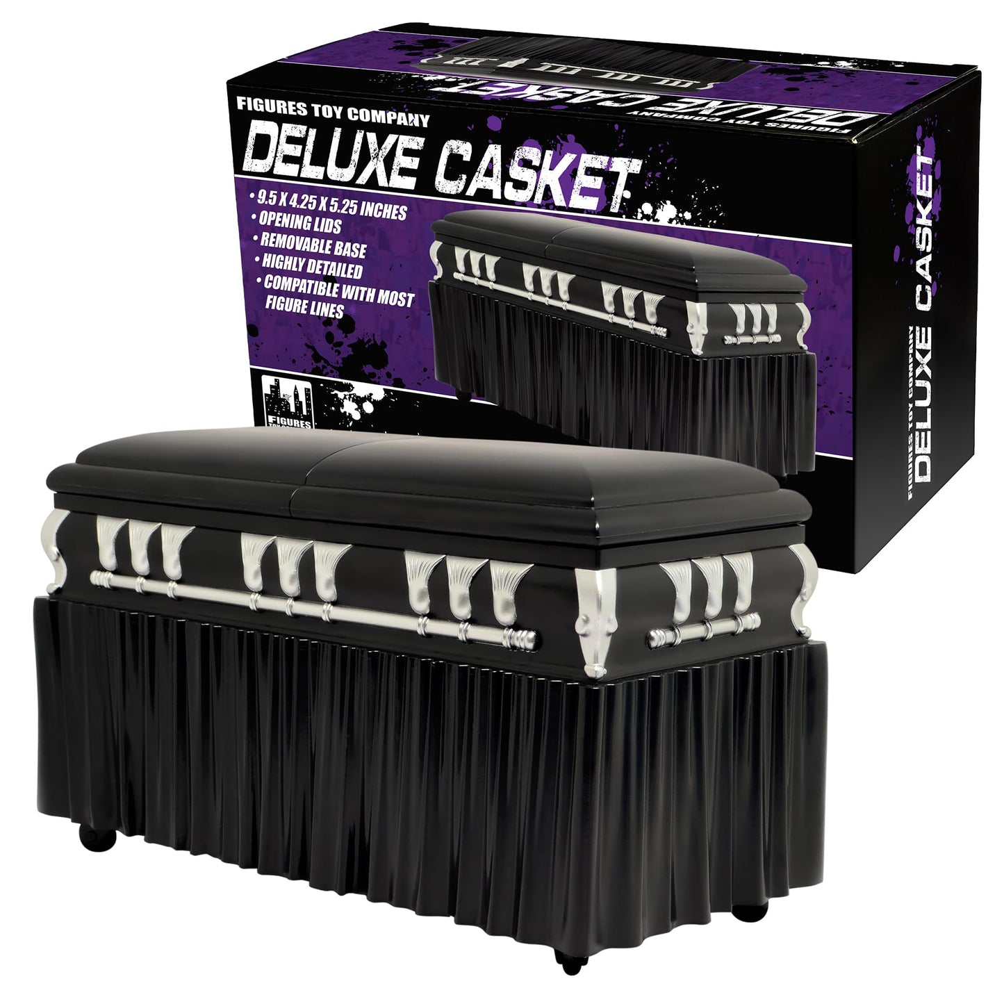 Deluxe Black Casket for Wrestling Action Figures with Removable Base