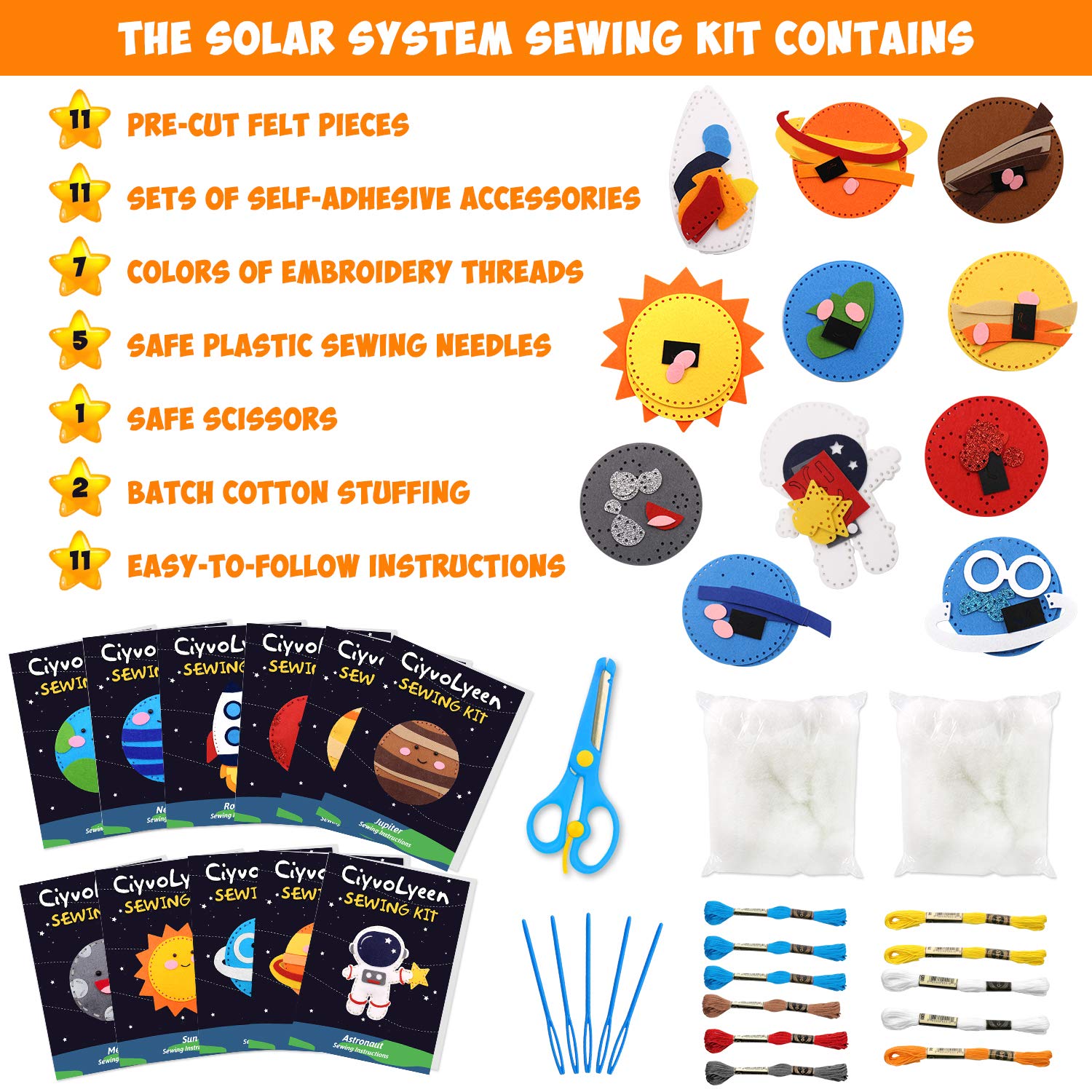 CiyvoLyeen Space Sewing Kit for Kids Solar System DIY Activity Kids Felt Craft Supplies for 7 8 9 10 11 12 Girls and Boys Educational Beginners Sewing