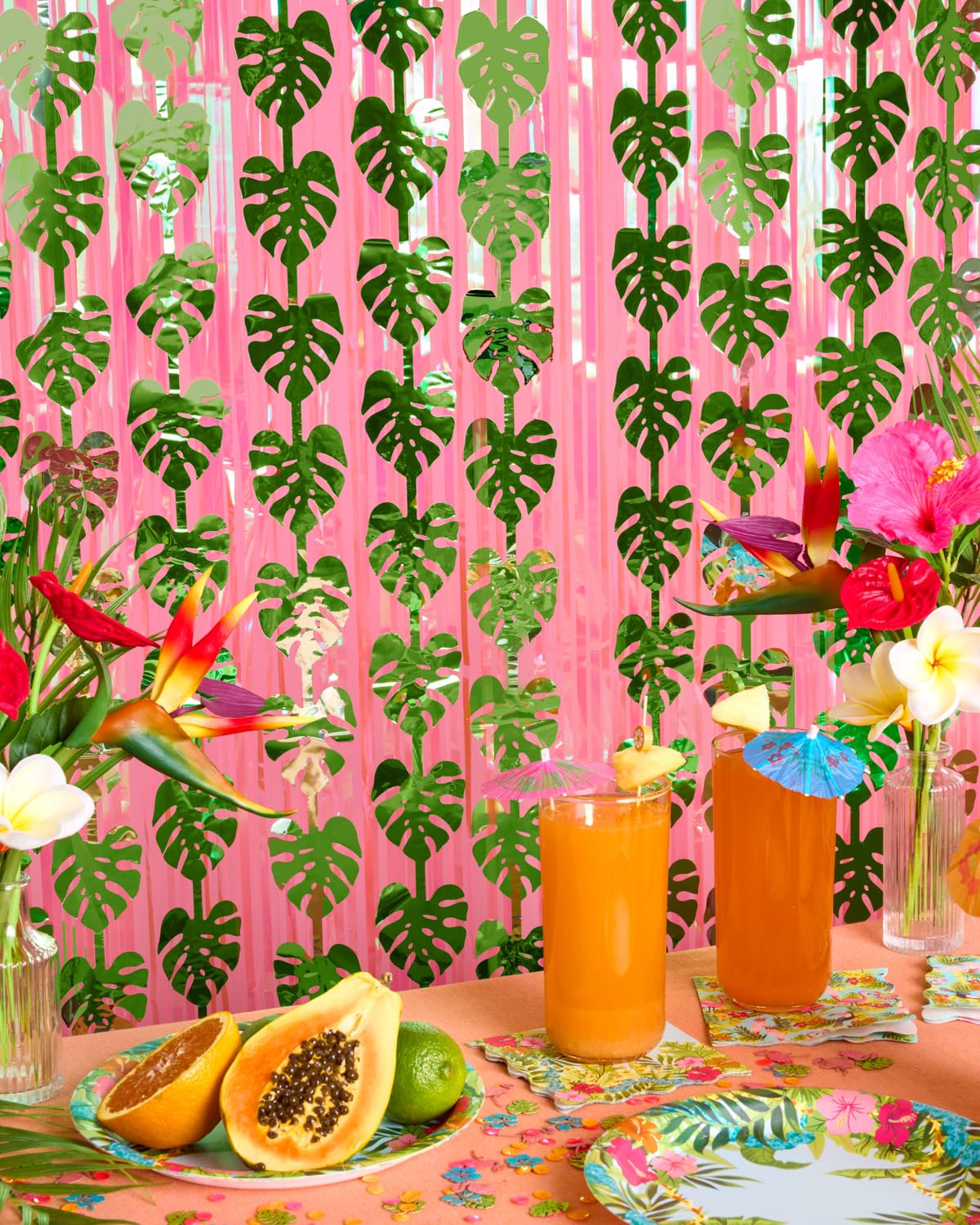 xo, Fetti Jungle Leaf Foil Curtain - Set of 2, 3x7 ft | Safari Theme Party Decorations, Zoo Animal Birthday Party Supplies, Baby Shower Favors