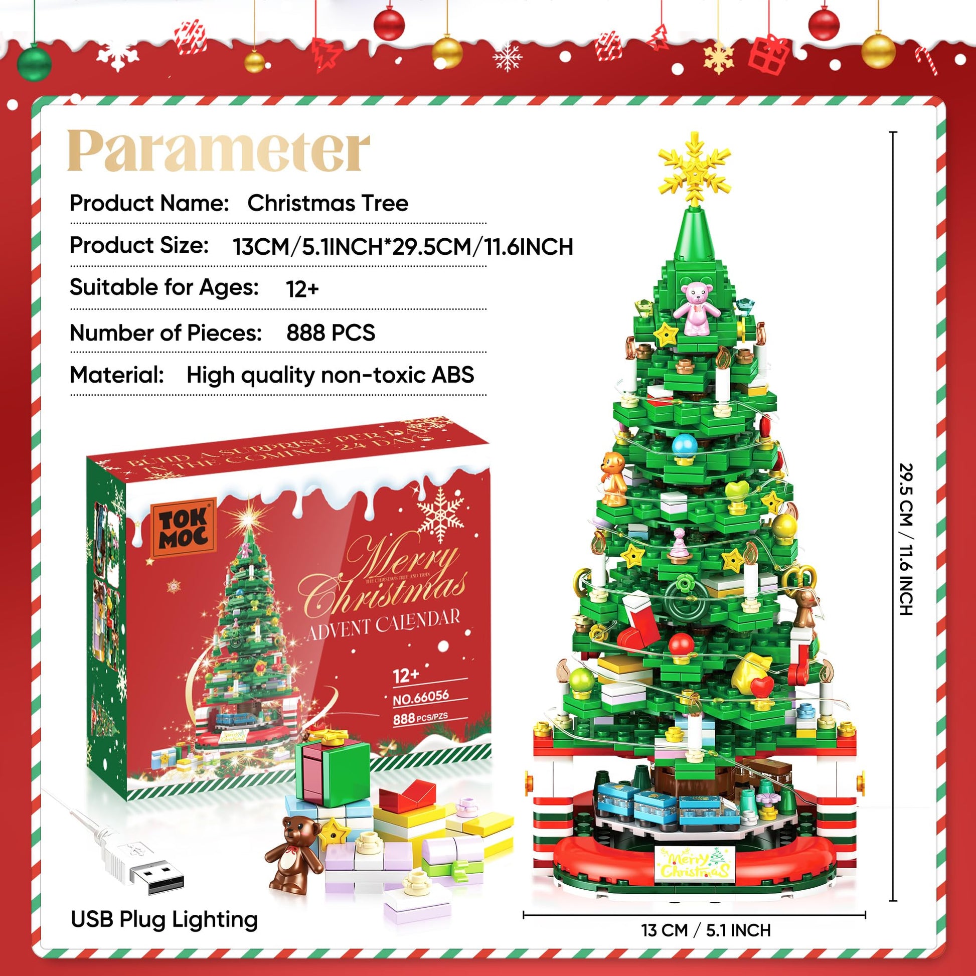Zeluuyu Christmas Tree Building Block with LED Light, Rotating Christmas Tree 2024 Building Set for Adults, Christmas Tree Building Kit Xmas Gift