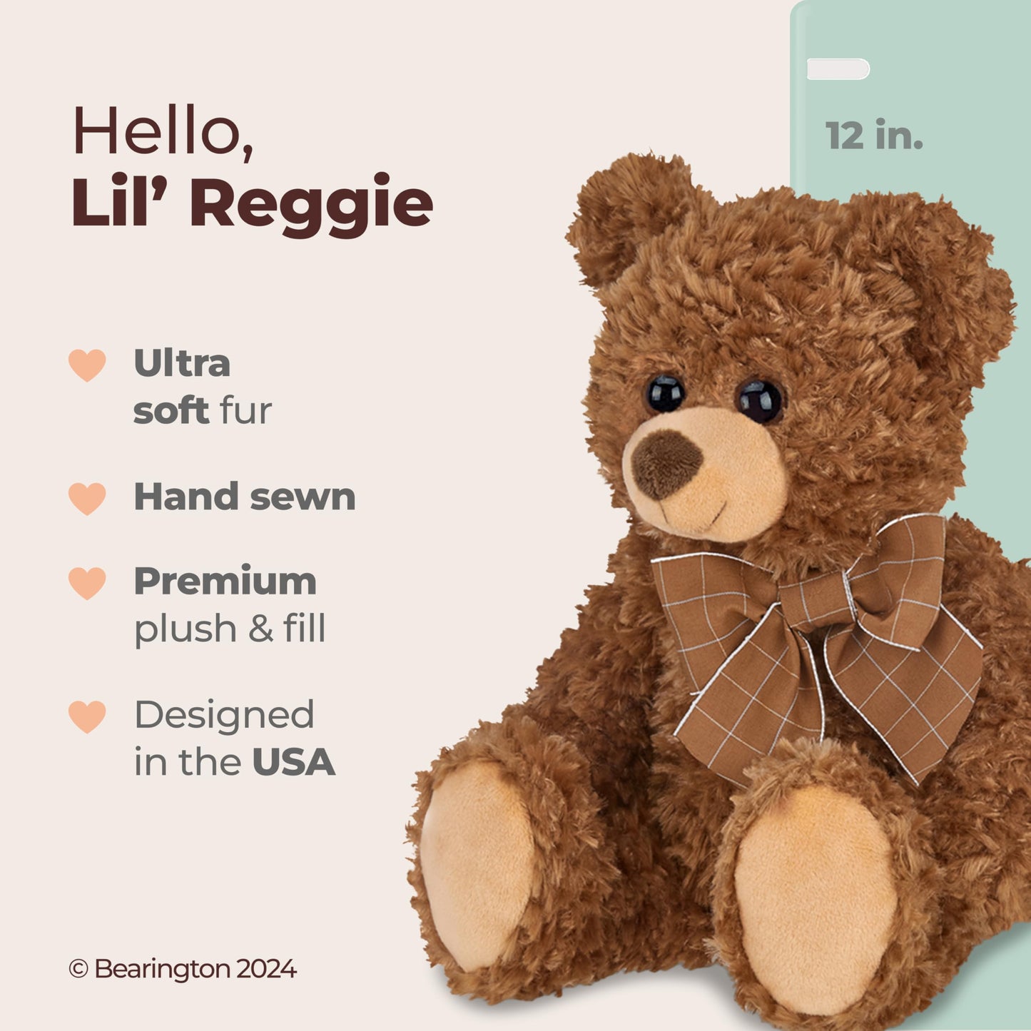 Bearington Lil' Reggie Dark Brown Teddy Bear Stuffed Animal - 12" Plush Brown Poseable Stuffed Bear with Soft Fur, Satin Bow, and Vintage Bears Design