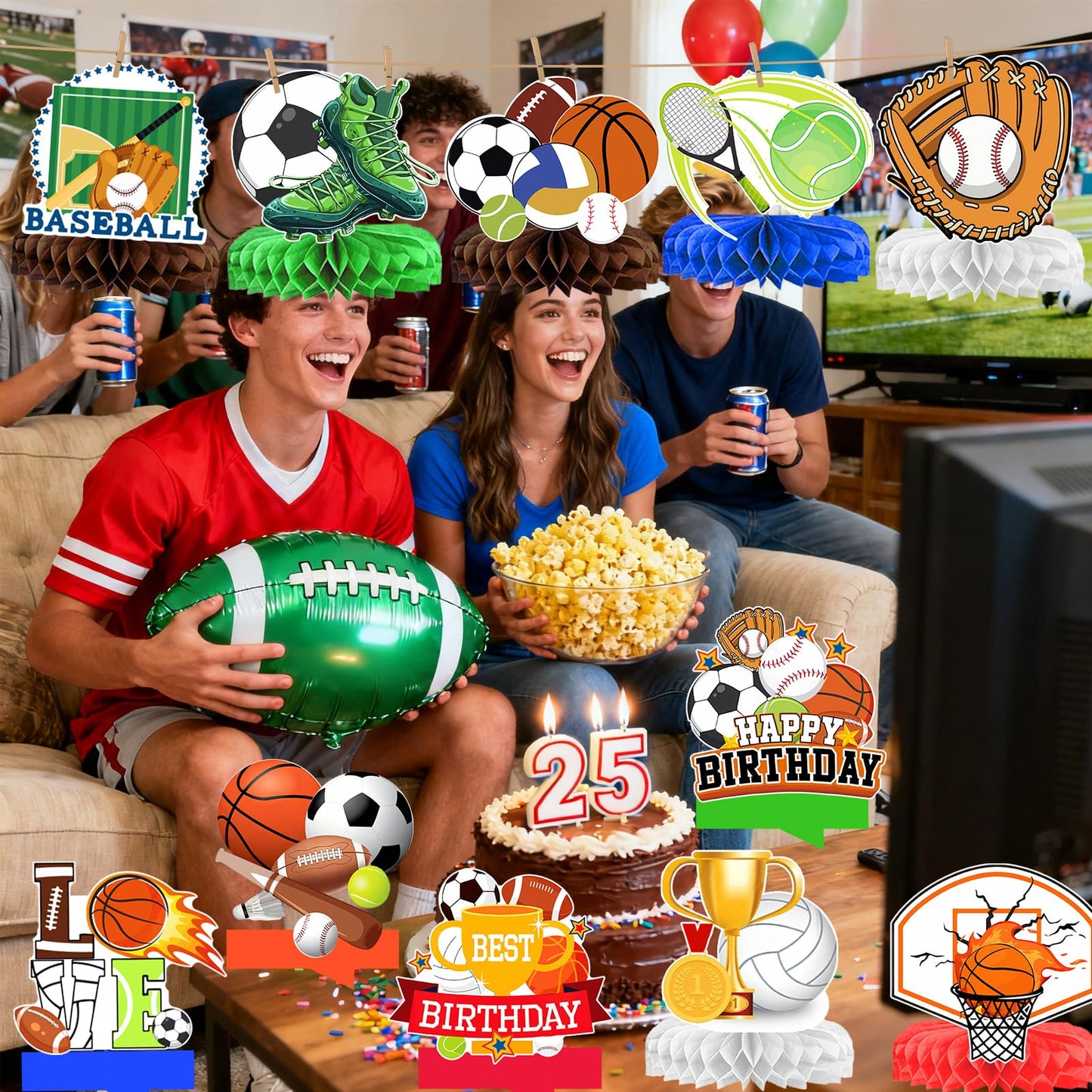12 Pcs Sports Birthday Party Decorations Honeycomb Centerpices for Sports Themed Party Decorations