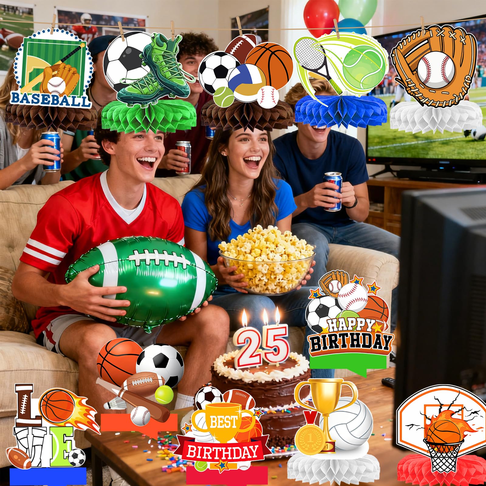 12 Pcs Sports Birthday Party Decorations Honeycomb Centerpices for Sports Themed Party Decorations