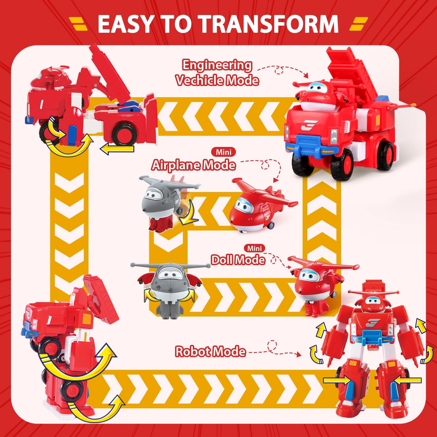 Super Wings Transformable Toys, 7" Jett Robot Suit and 2” Scale Transforming Jett Mini Action Figure,2-in-1 Mode Vehicle and Robot, Vehicle Playset