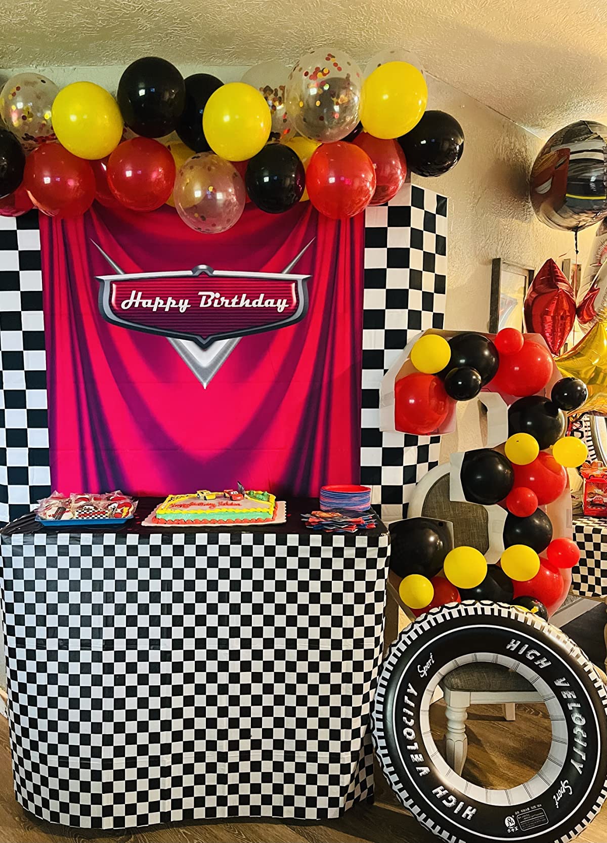 7x5ft Car Black White Grid Red Birthday Themed Backdrops Racing Flag Red Photo Backgrounds for Photography Happy Birthday Party Banner Photo Booth