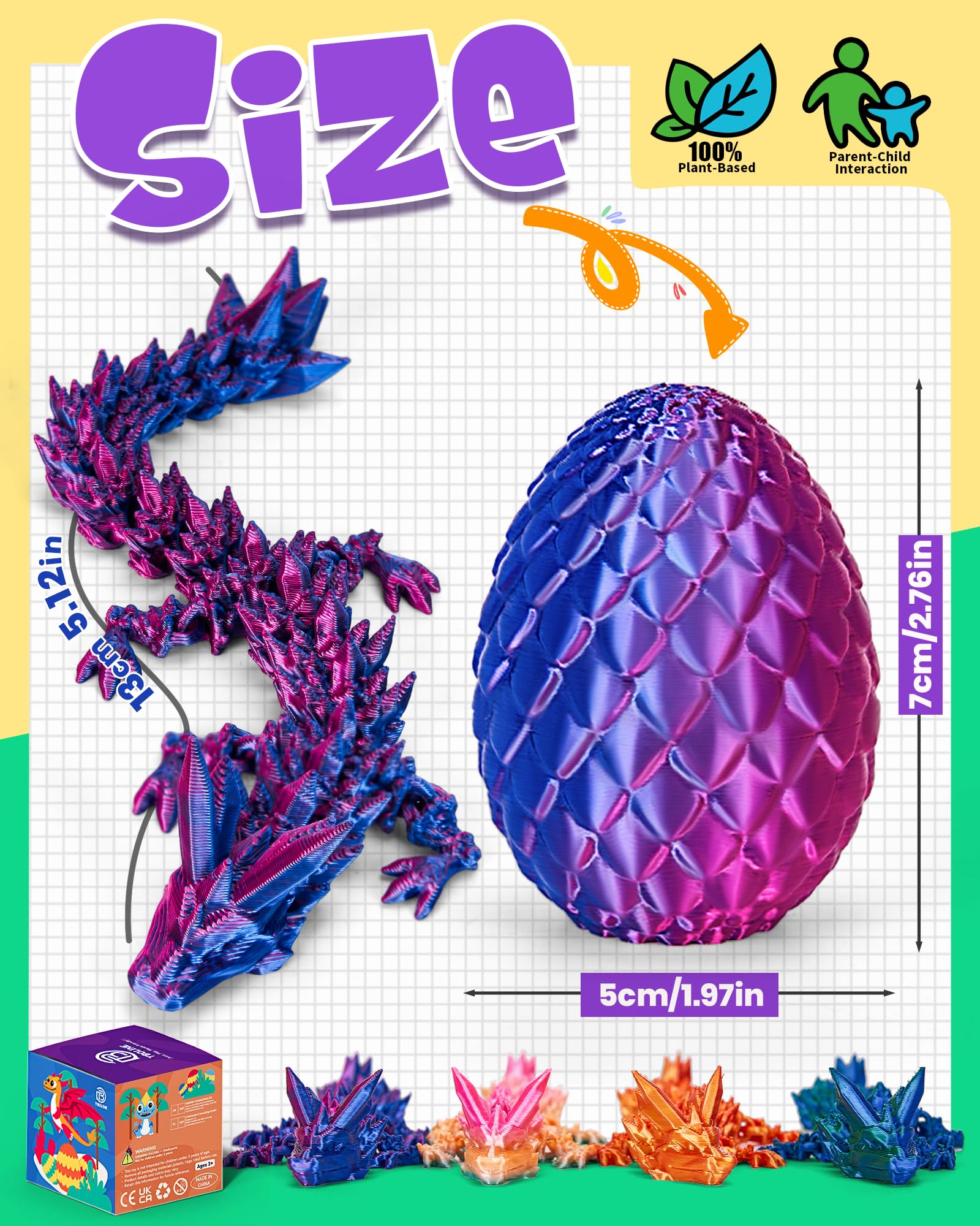 TBOLINE 4PCS 3D Printed Dragon Egg, Articulated Crystal Small Animals Treasure Box Prizes for Kids Classroom, 3D Printer Dinosaur Eggs Cool Fidget